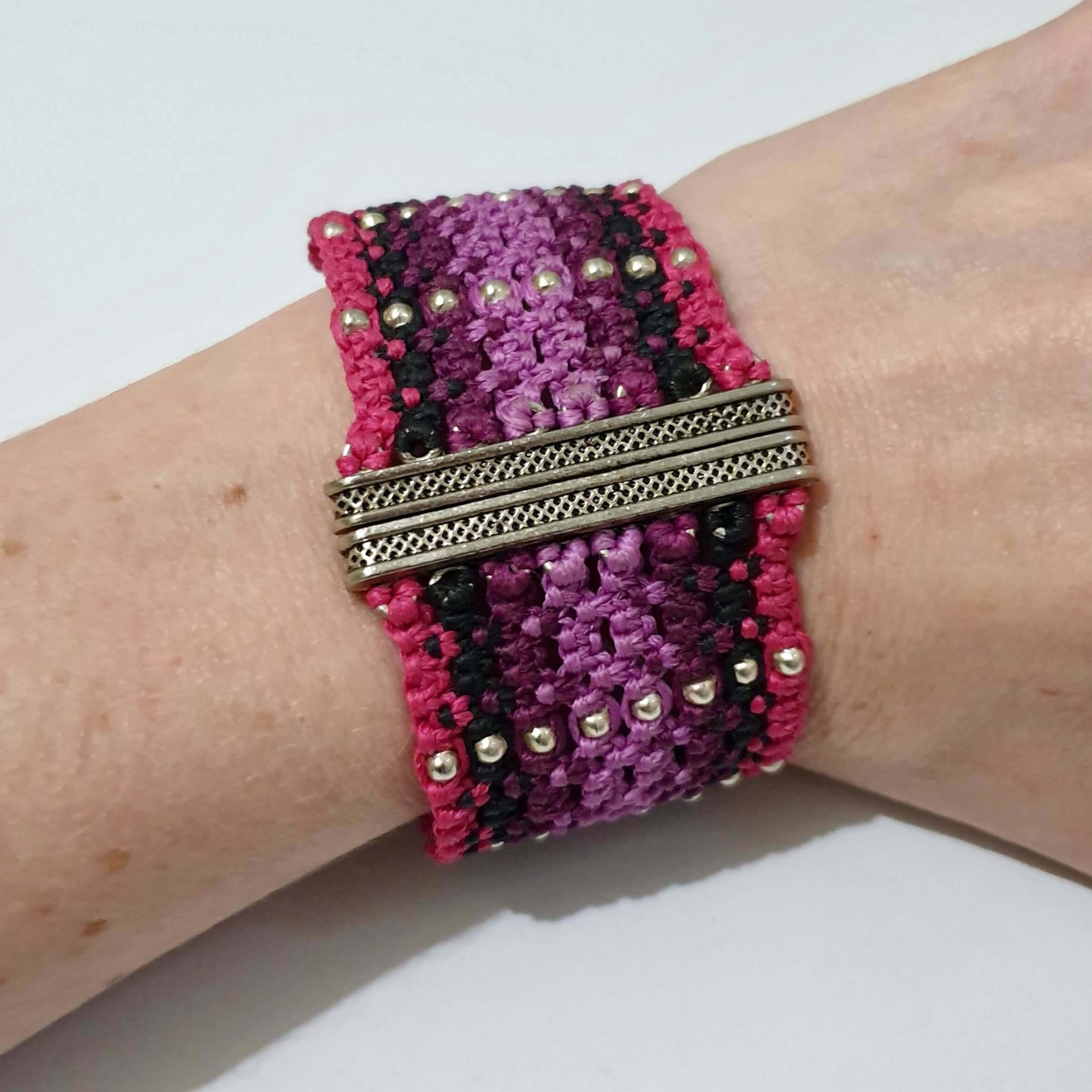 Boho Hippie Macrame Wide Cuff Bracelet with Magnetic Clasp Unique Diamond Pattern