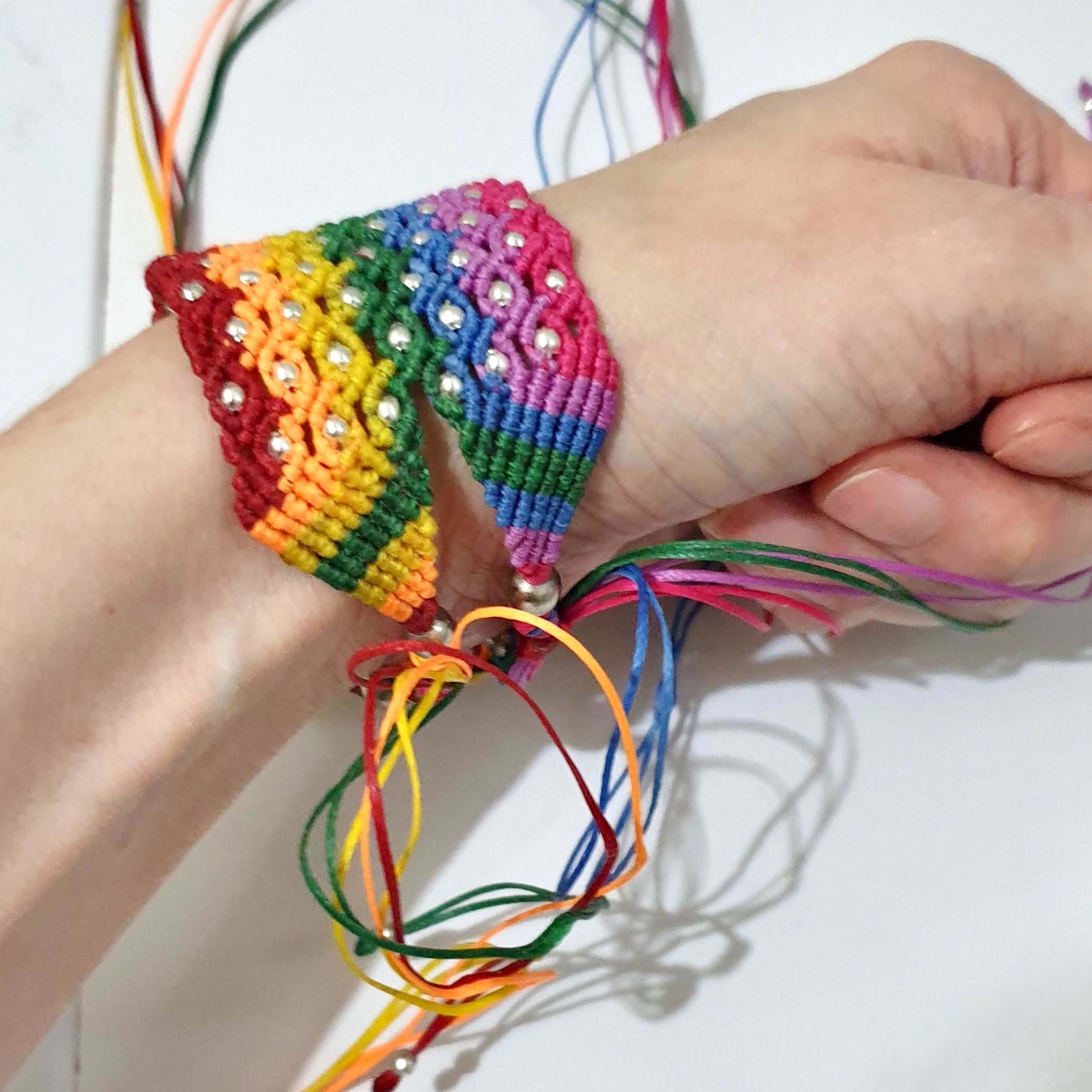 Colorful Rainbow Macrame Wide Cuff Bracelet with Silver Beads  Boho Hippie Style