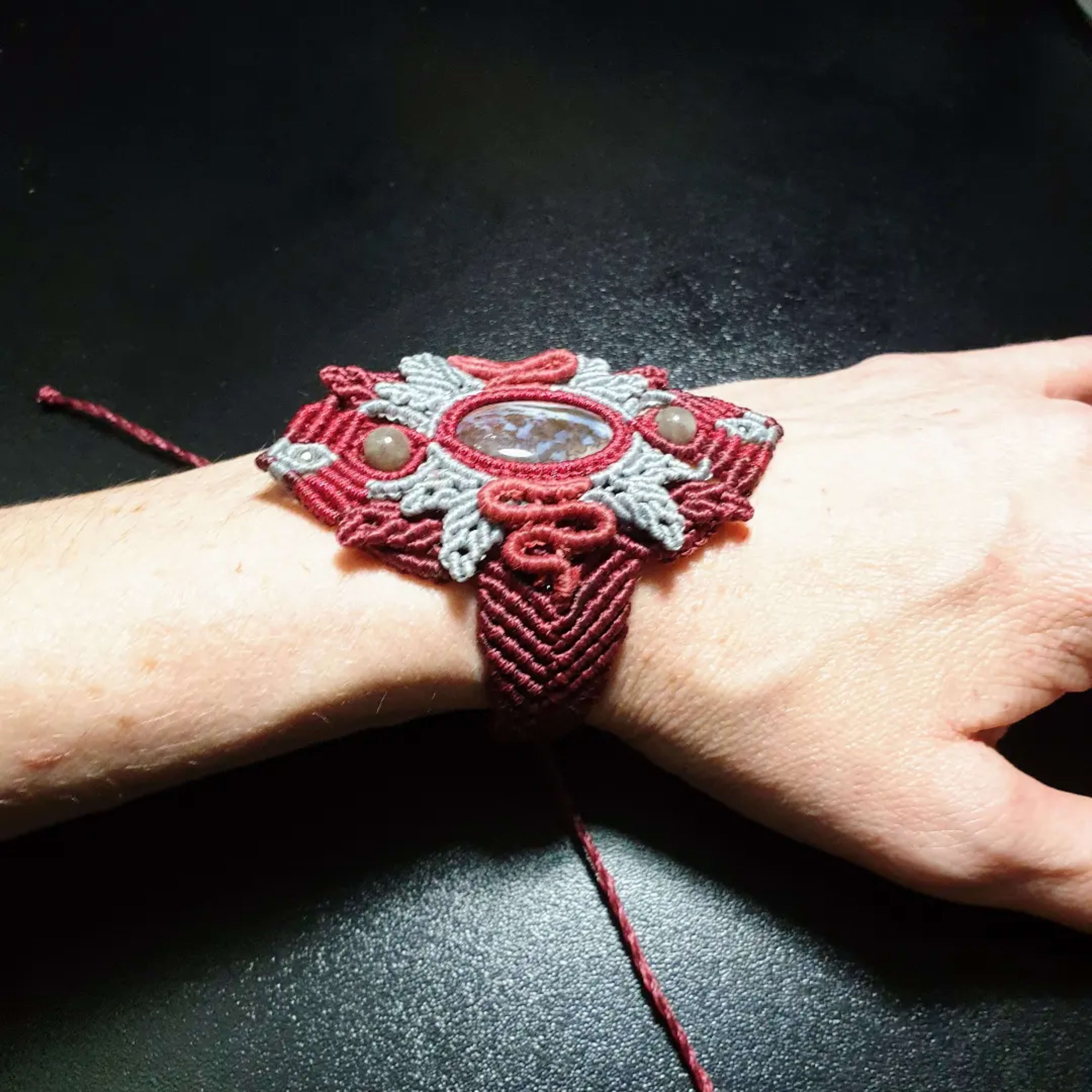 Porcelain Jasper Stone Macrame Cuff Bracelet Dark Red and Gray Boho Hippie Jewelry