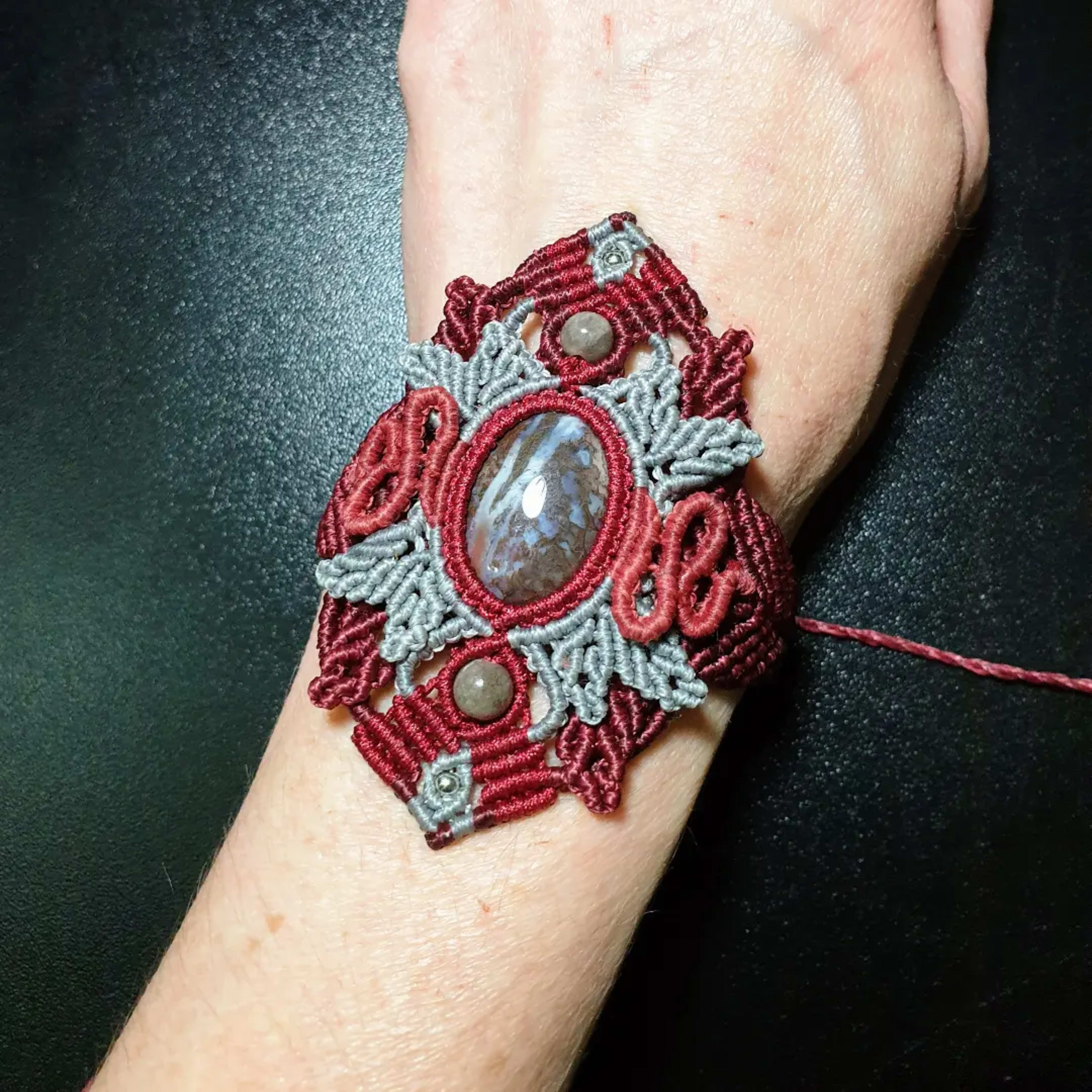 Porcelain Jasper Stone Macrame Cuff Bracelet Dark Red and Gray Boho Hippie Jewelry