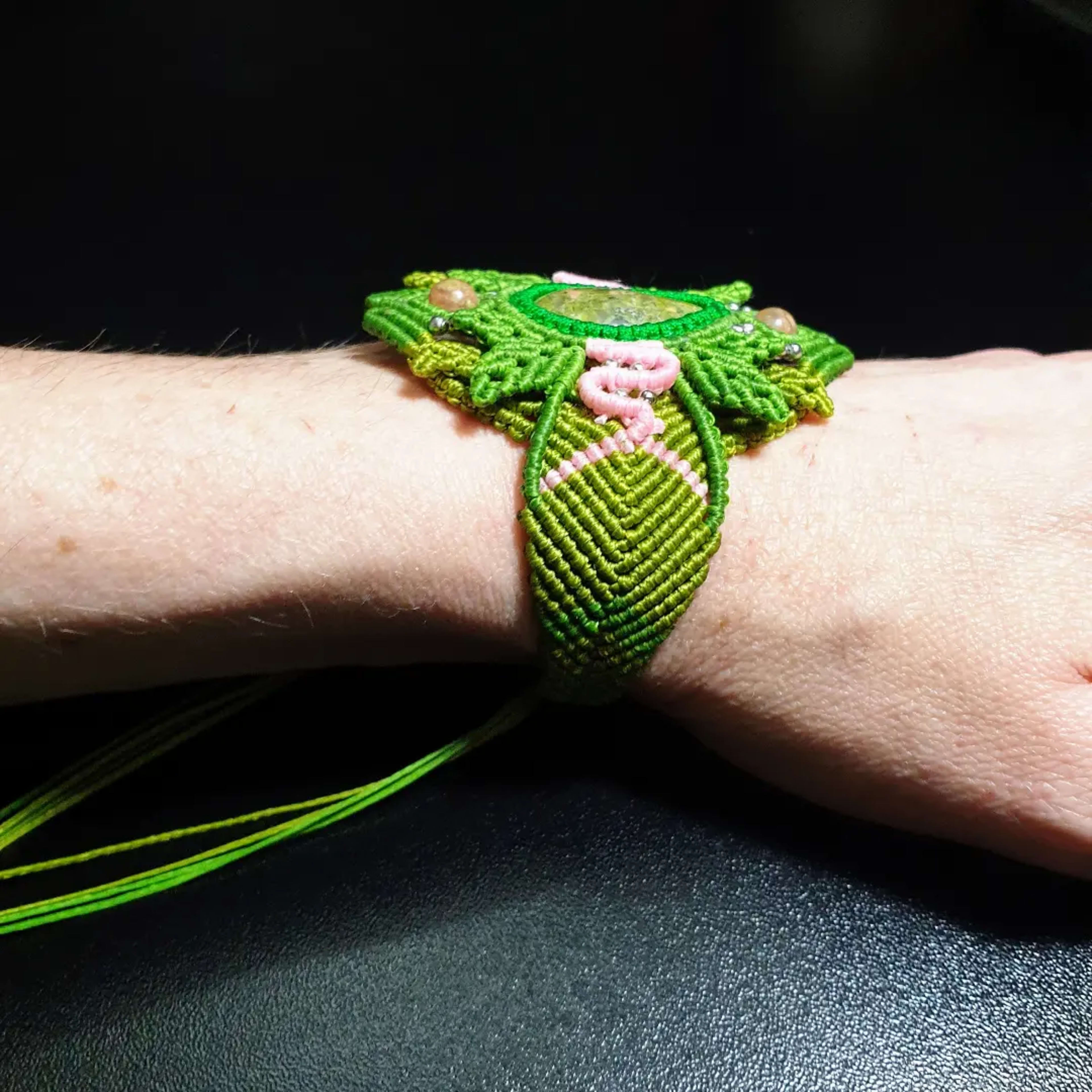 Unakite Stone Macrame Cuff Bracelet Handmade Boho Hippie Jewelry in Green and Pink