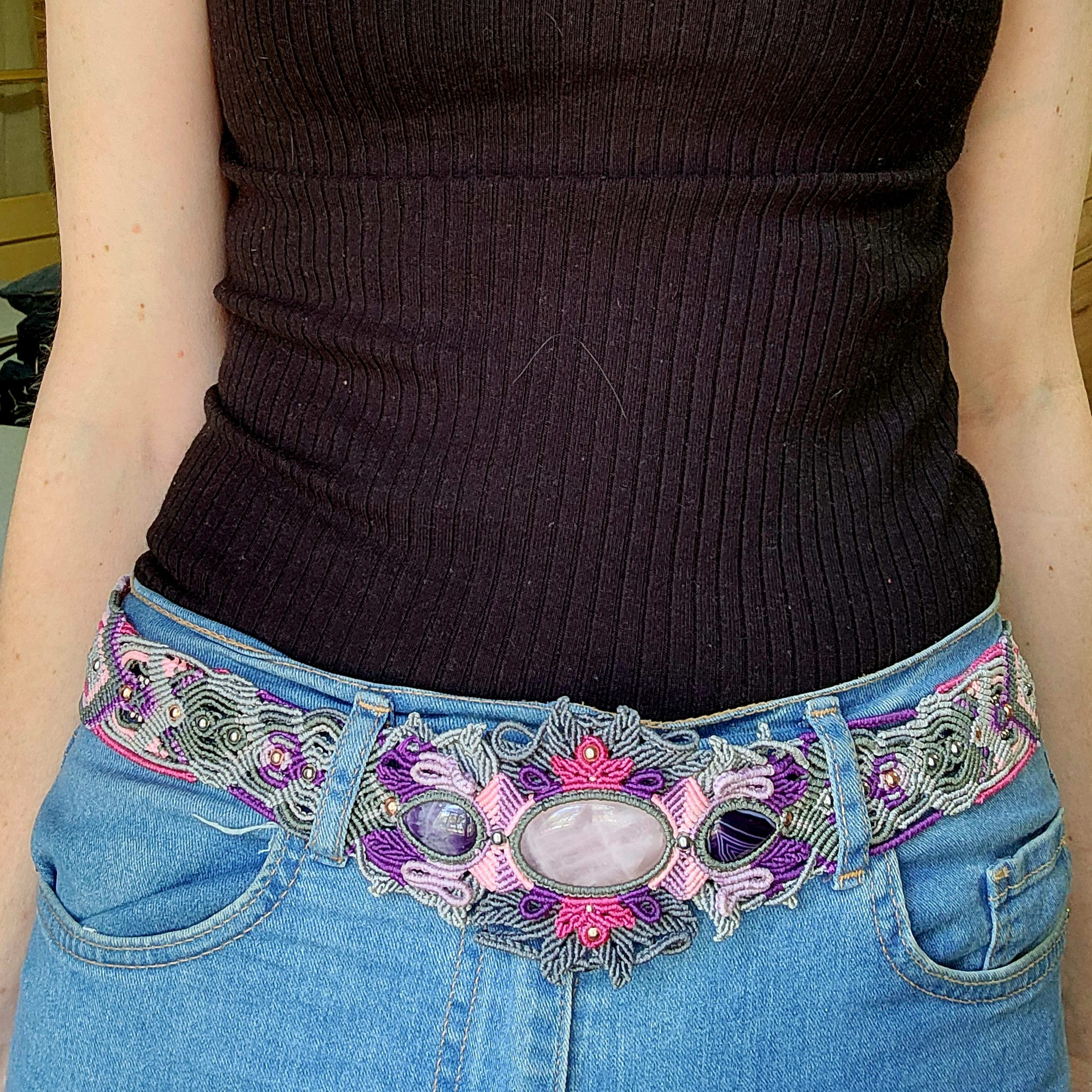 Handmade Rose Quartz Macrame Belt | Artisan Gemstone Waistband| OOAK Belt| Gemstone Macrame Belt|