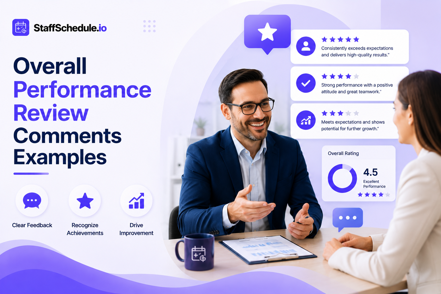 Self-Appraisal Examples for Different Situations displayed with workplace scenarios, achievements, promotions, and performance review examples
