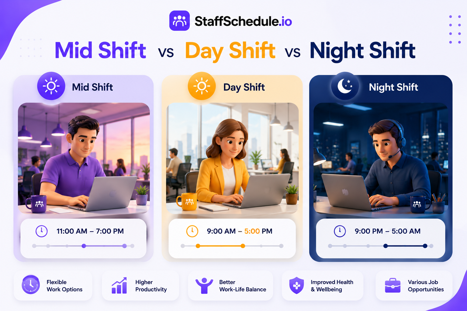 Mid Shift vs Day Shift vs Night Shift comparison showing work schedules, shift timings, and employee work environments