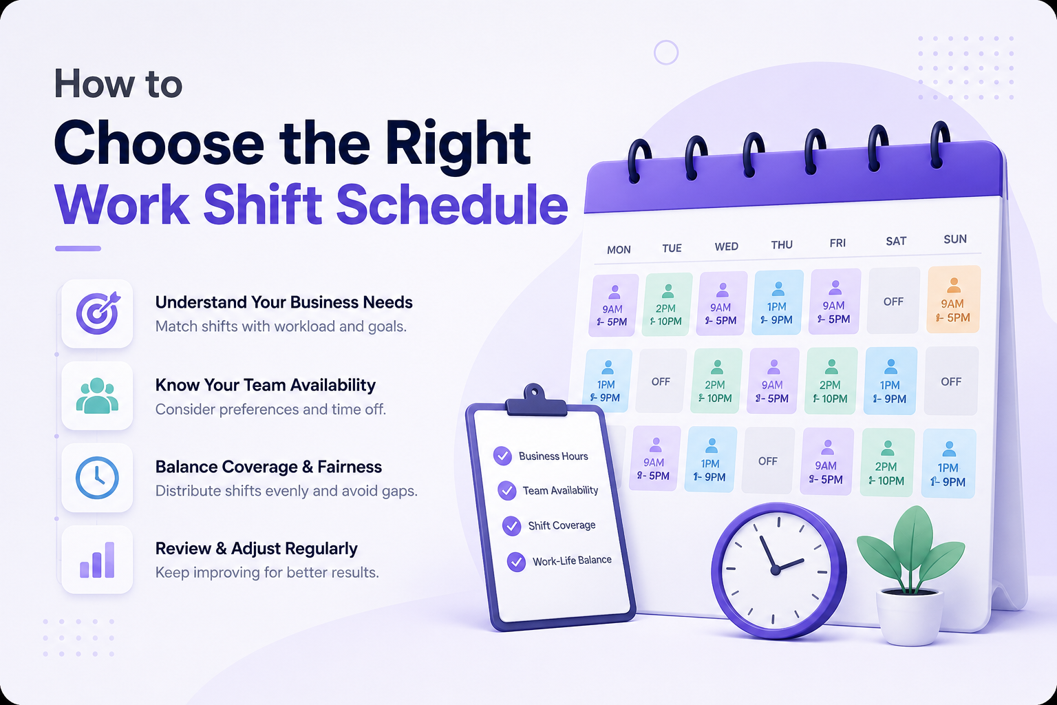 Modern illustration showing how to choose the right work shift schedule using employee availability, business hours, shift planning, and workforce scheduling software.