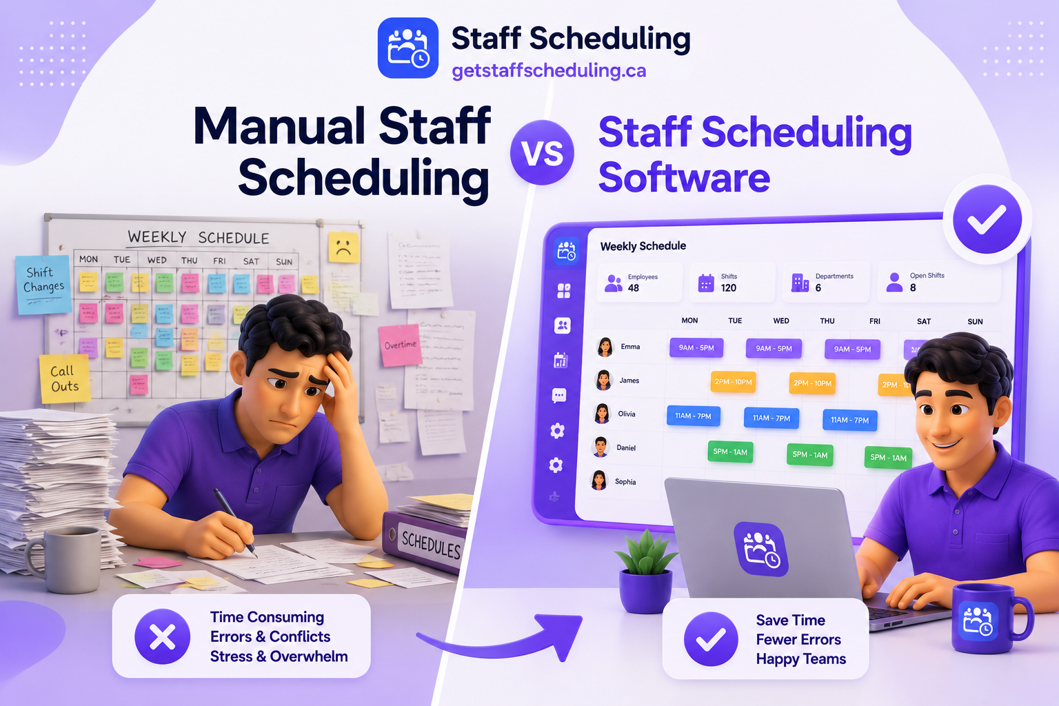 Manual Staff Scheduling vs Staff Scheduling Software comparison showing paper-based shift planning and modern employee scheduling software dashboard