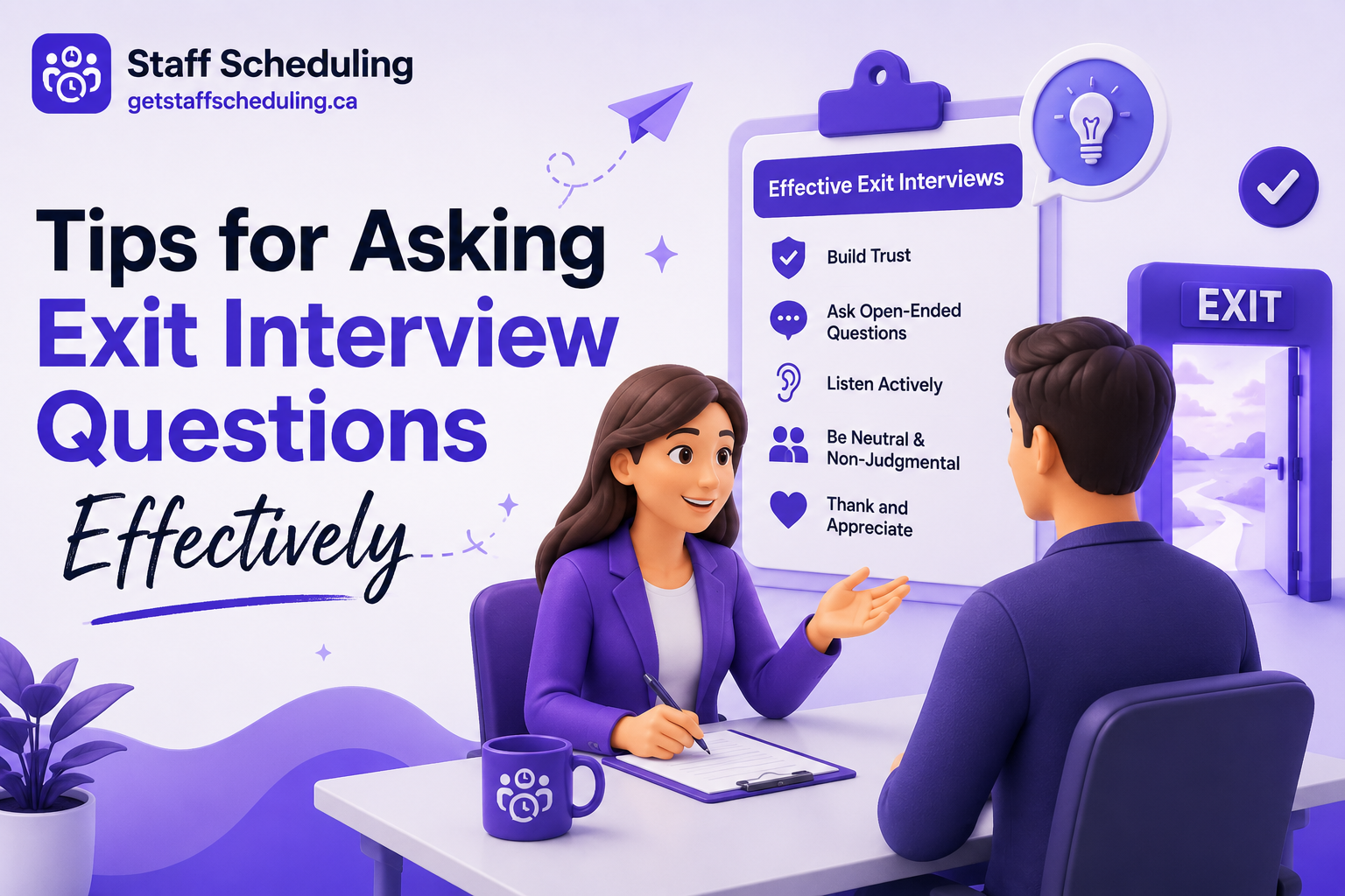 Tips for Asking Exit Interview Questions Effectively illustration showing an HR manager conducting a professional exit interview with an employee to collect honest feedback.