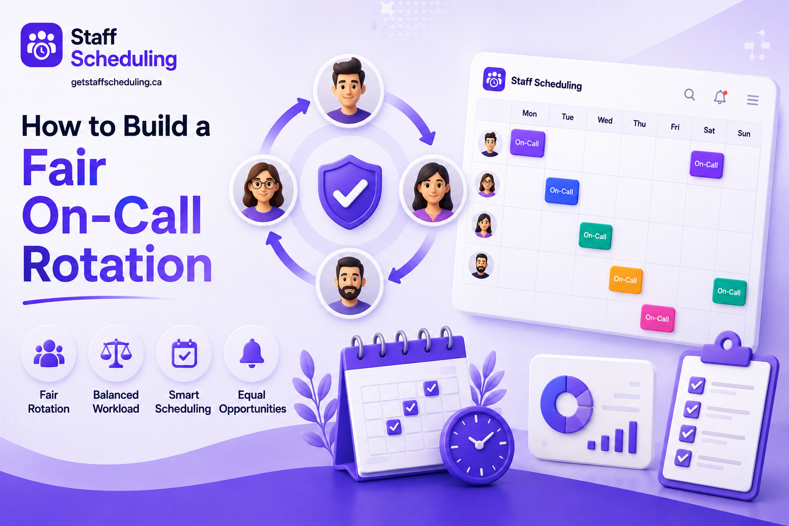 How to Build a Fair On-Call Rotation illustration showing employees rotating on-call shifts through a shared schedule, balanced workload, smart scheduling, and equal opportunities.