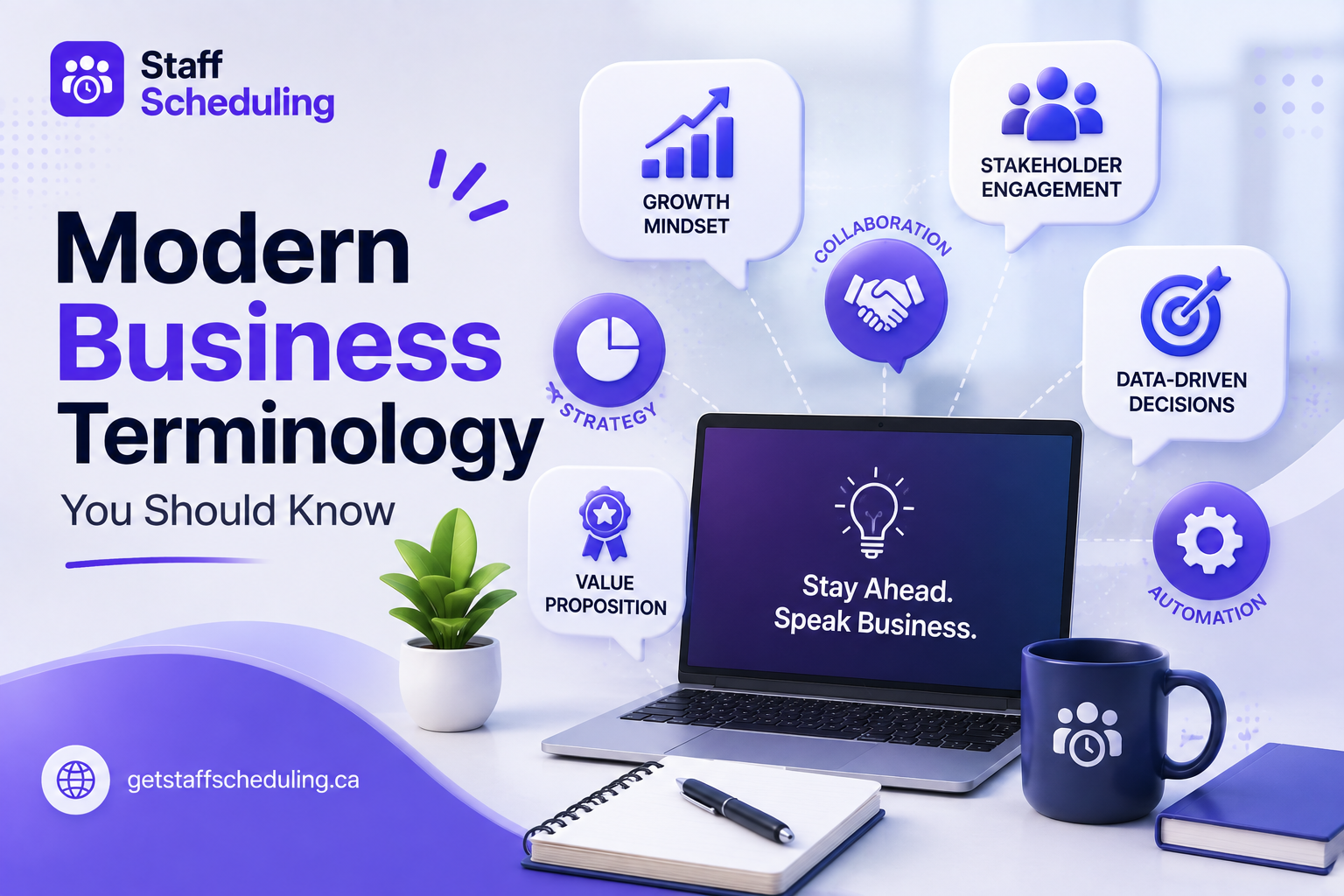 Modern Business Terminology illustration showing business concepts such as growth strategy, stakeholder engagement, collaboration, data-driven decisions, automation, and value proposition.