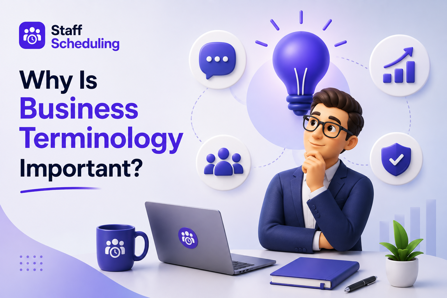 Why Is Business Terminology Important illustration showing a business professional with communication, teamwork, growth, and knowledge icons representing the value of clear business language.