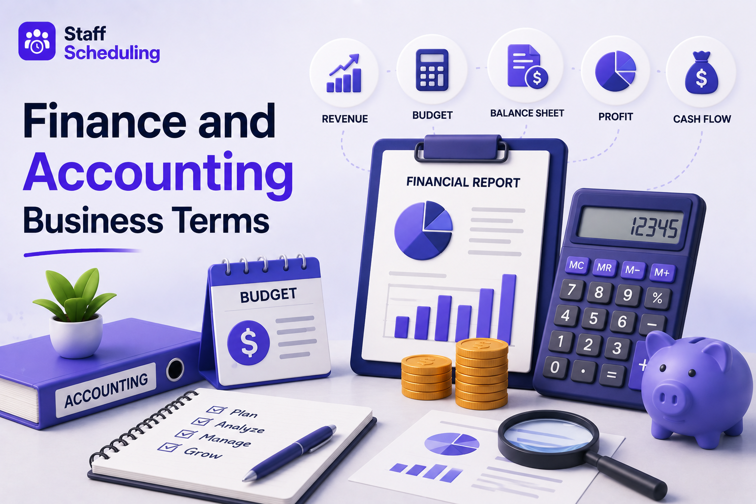 Finance and Accounting Business Terms illustration showing revenue, budgeting, profit, cash flow, financial reports, accounting, and business finance concepts.
