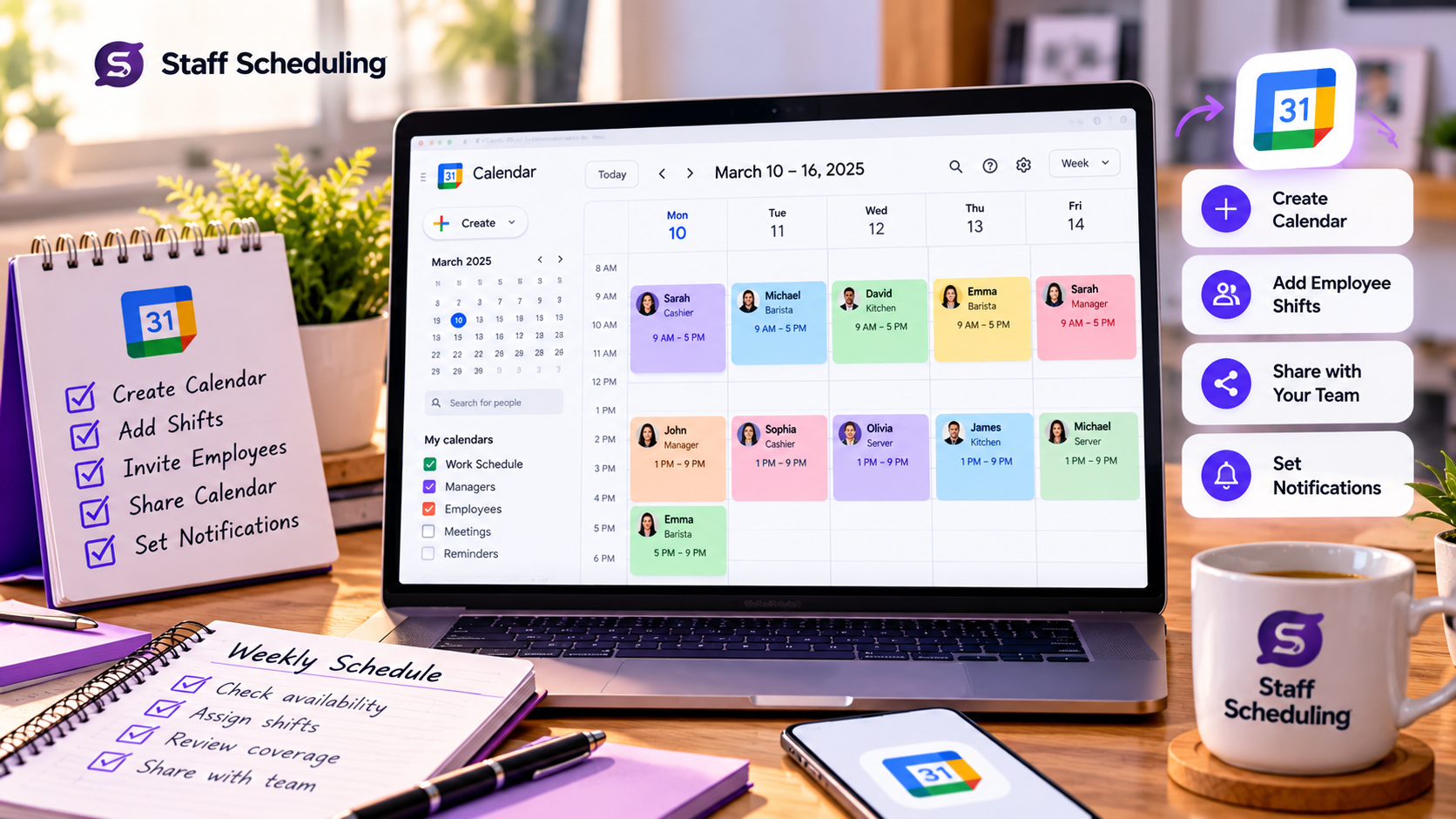 How to make a work schedule on Google Calendar with employee shifts and shared team calendar
