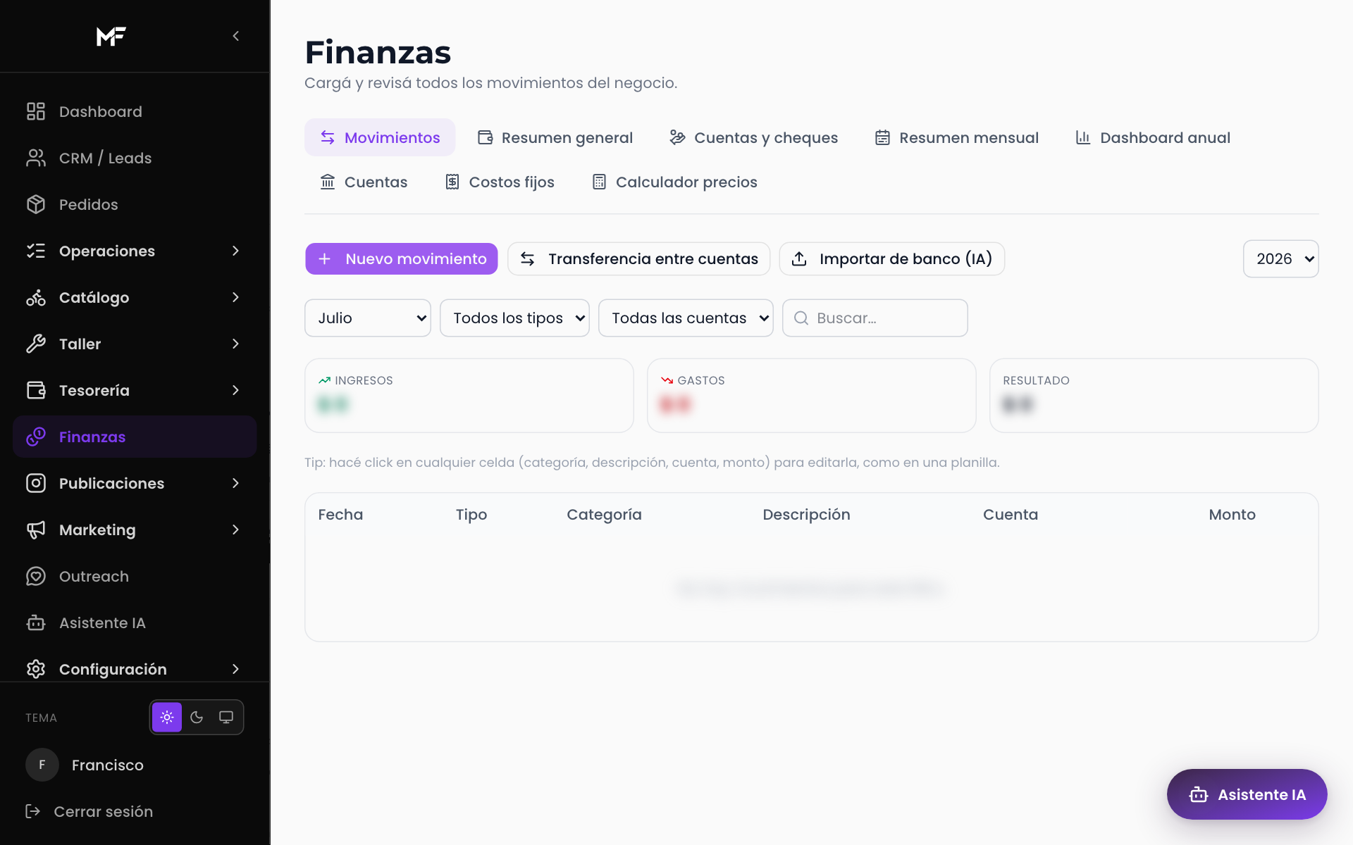 Finanzas — libro de movimientos