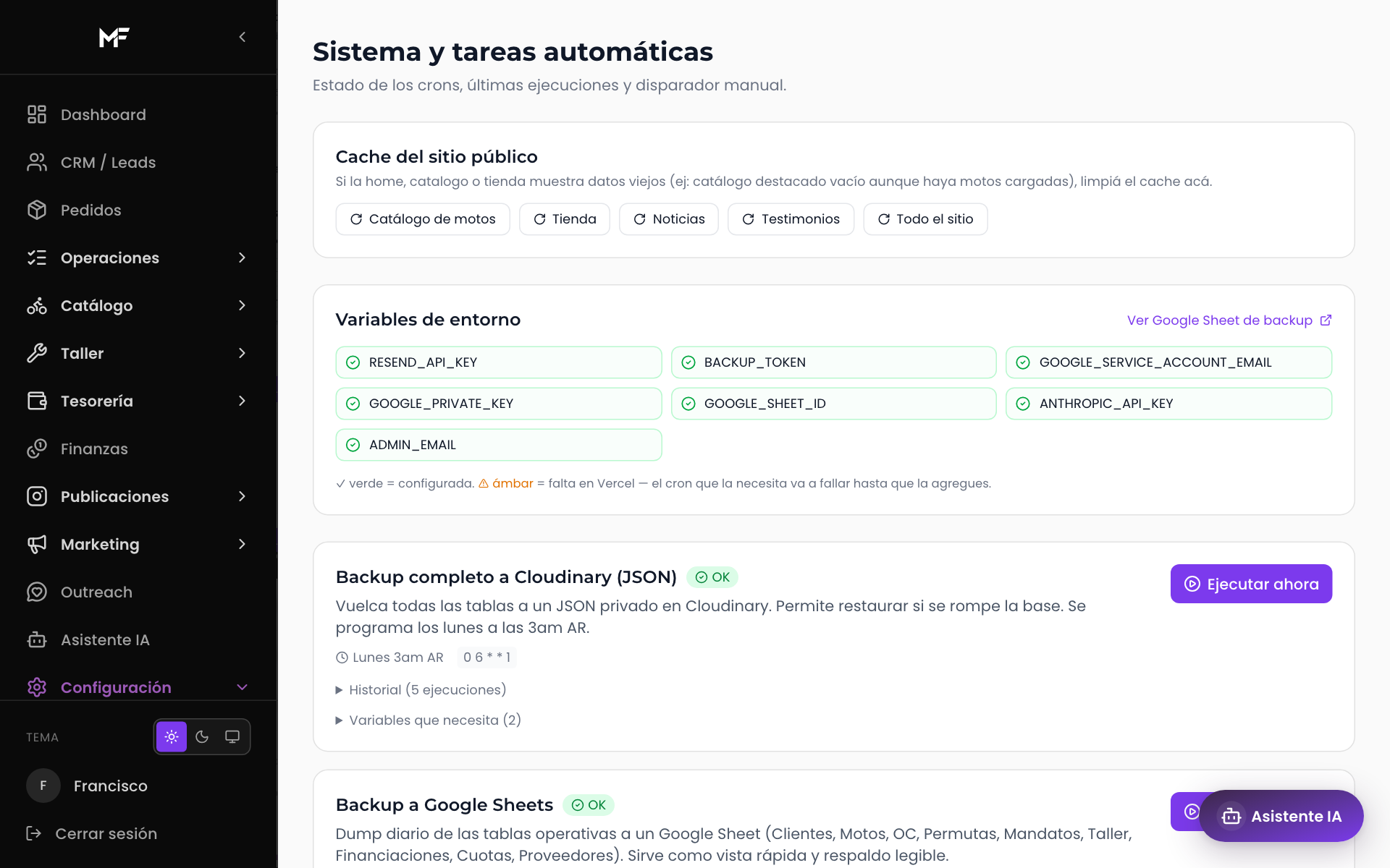 Sistema — procesos automáticos