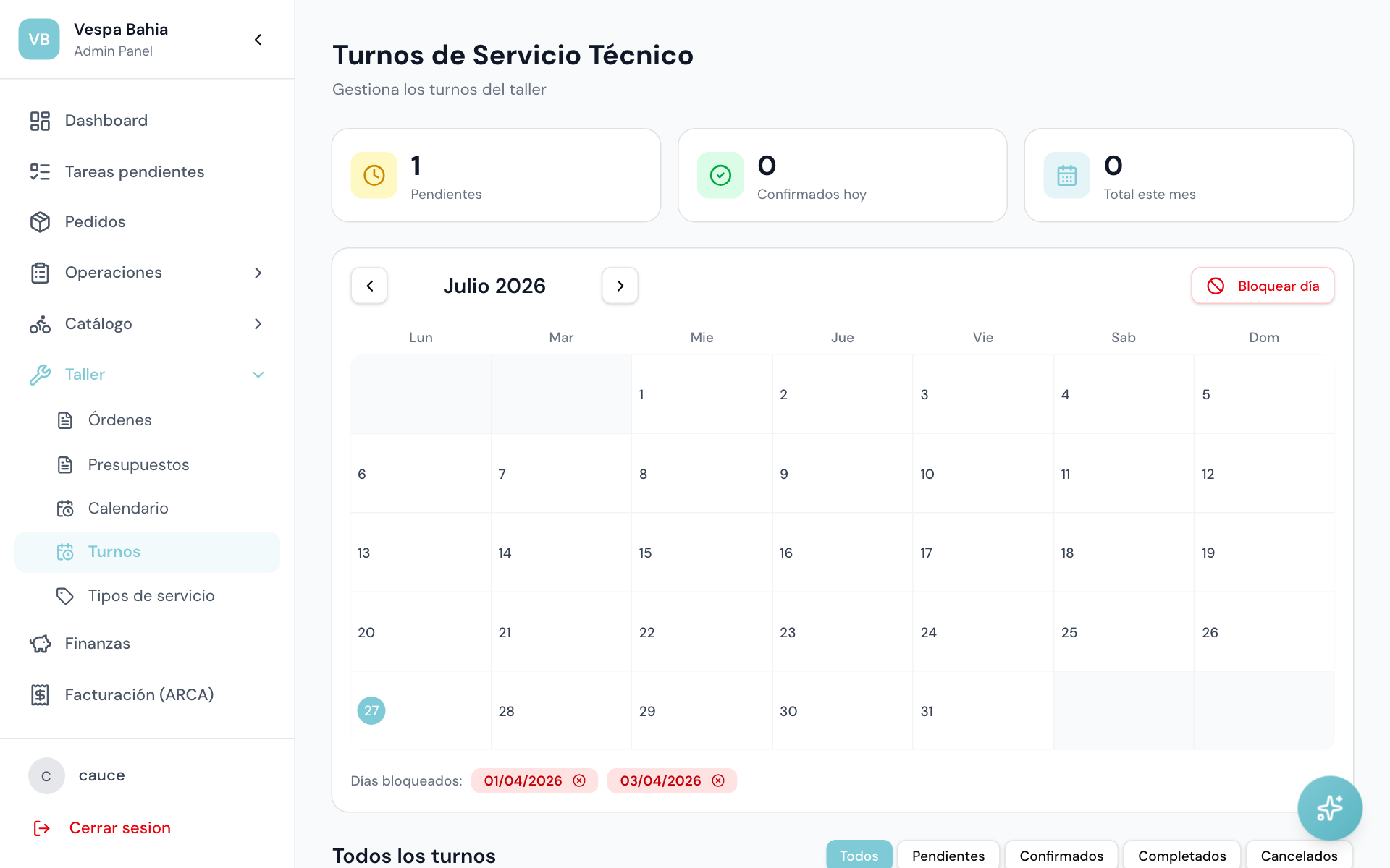 Turnos del taller