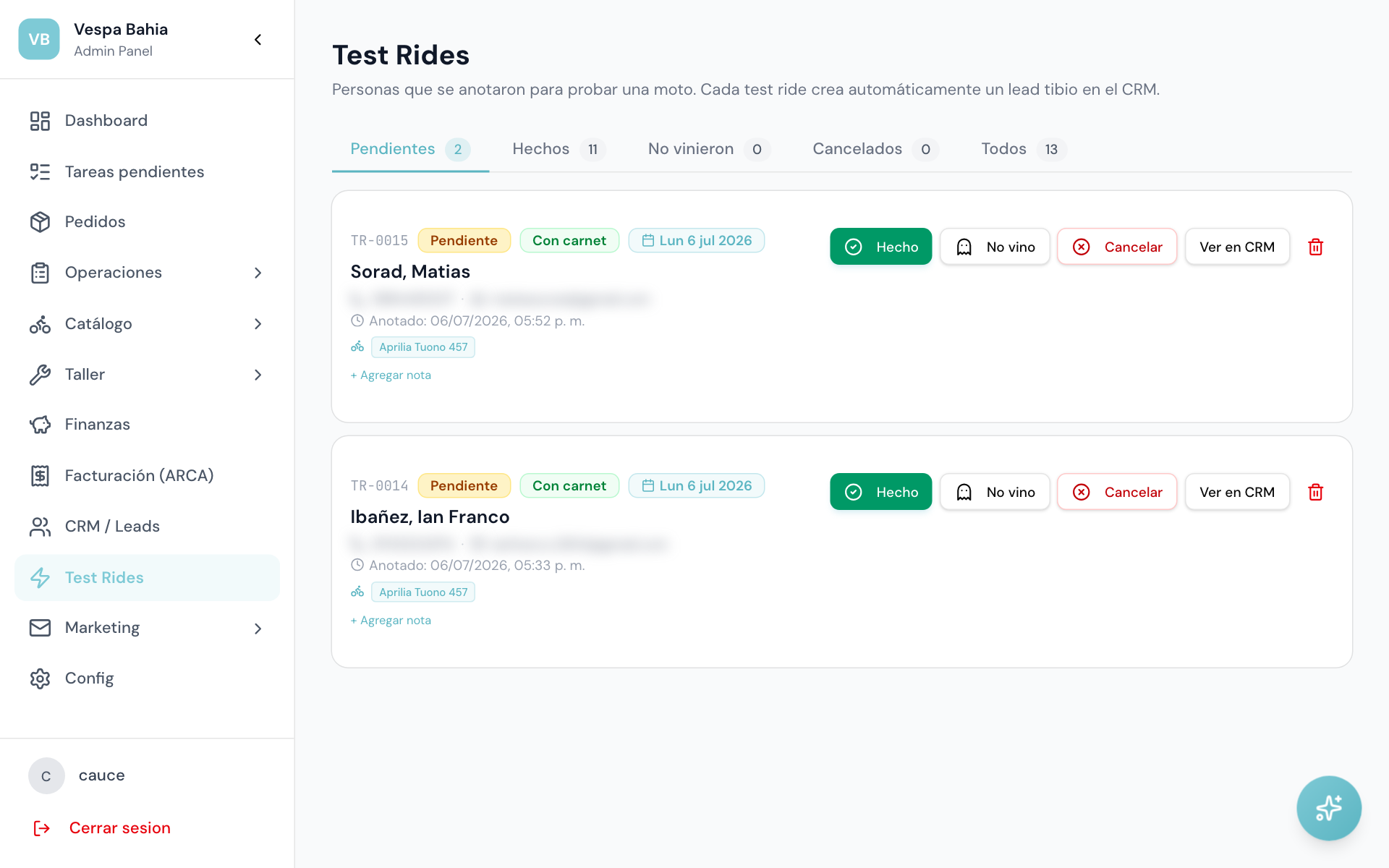 Test rides agendados desde la web