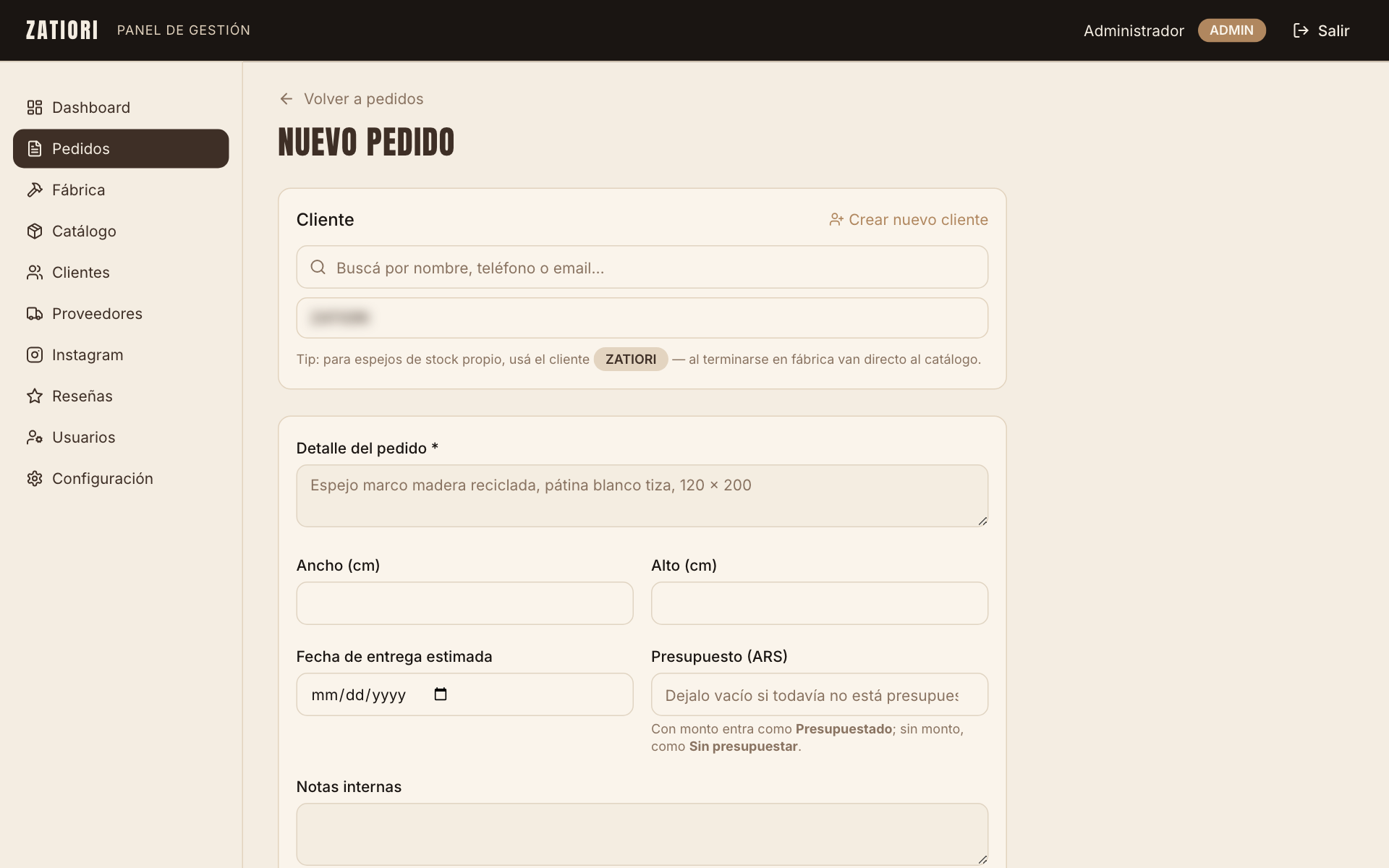 Cargar pedido a medida