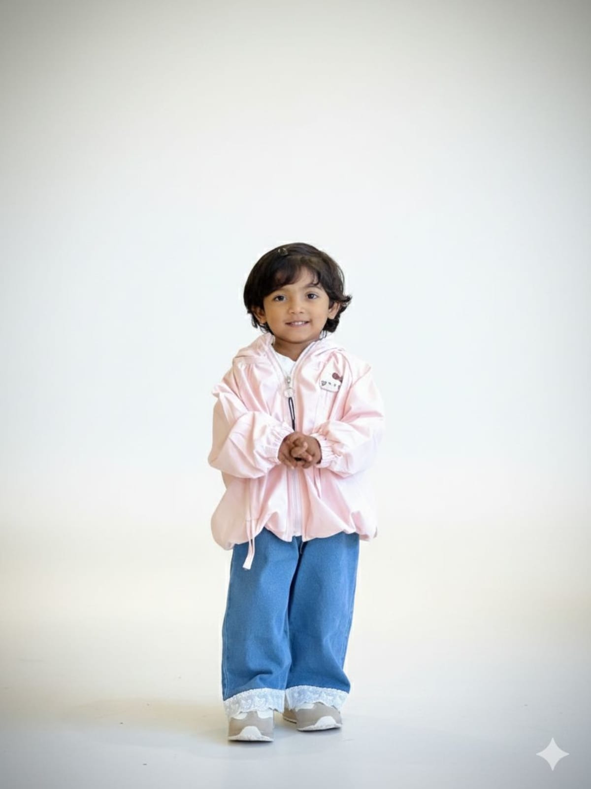 Girls 3 pc Jacket outfit - pink oversized jacket and wide leg denim blue pant with lace on end