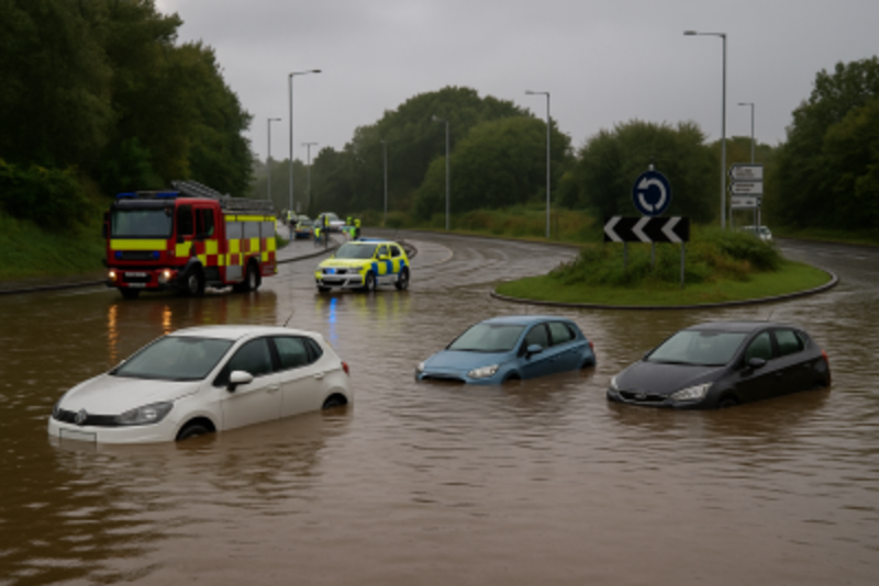 Swansea Flash Flood Chaos: Cars Submerged at Busy City Roundabout