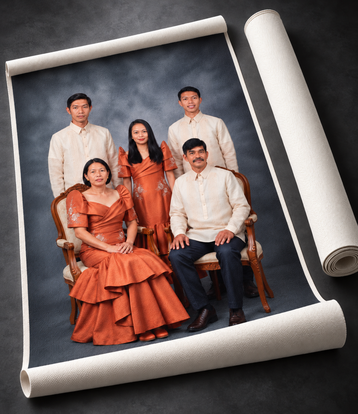 Example of Rocketfix unframed pure cotton canvas family portrait print, displayed as a rolled canvas