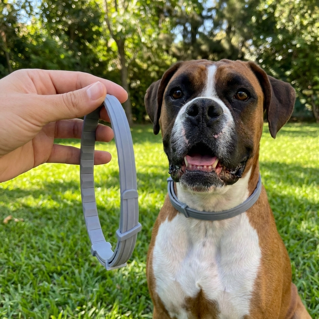 Collar antipulgas DePerlas en mano junto a un perro