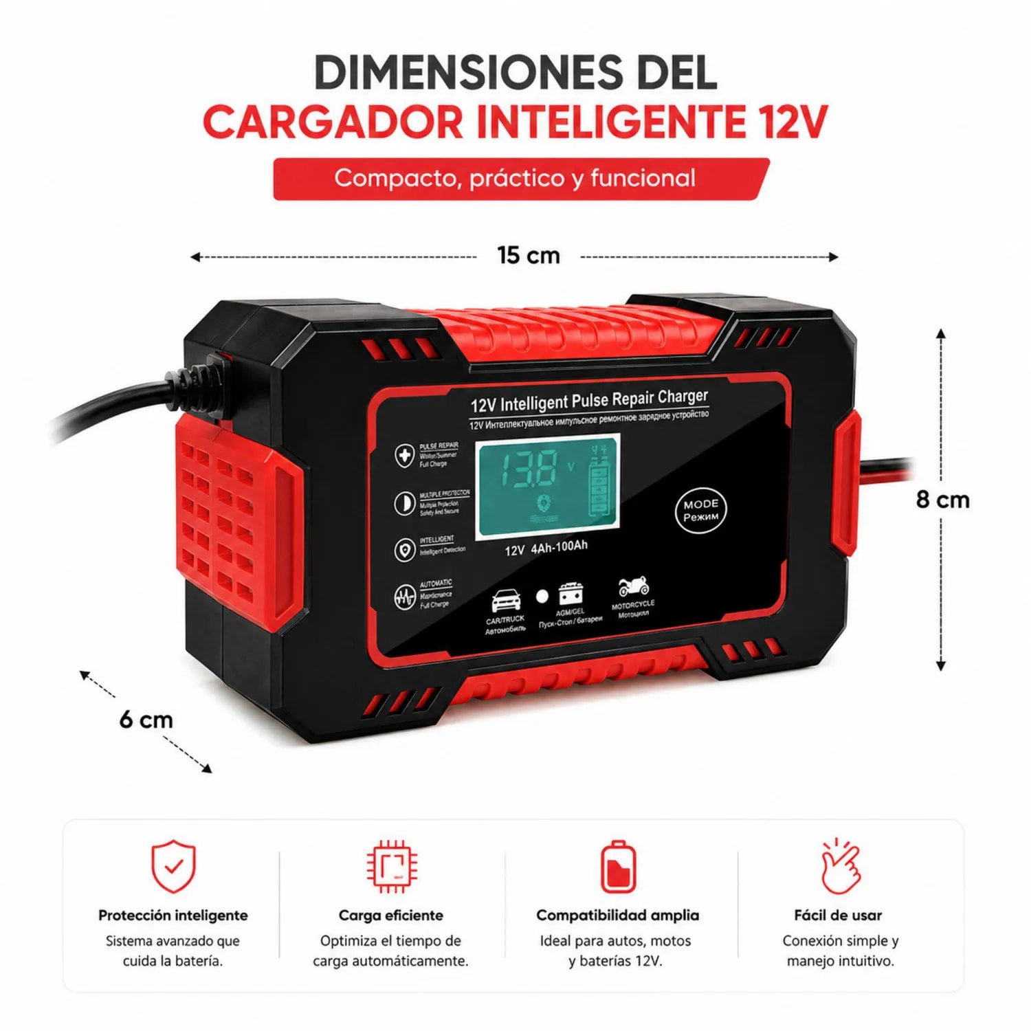 CARGADOR DE BATERIA PARA CARRO Y MOTO 12V 3