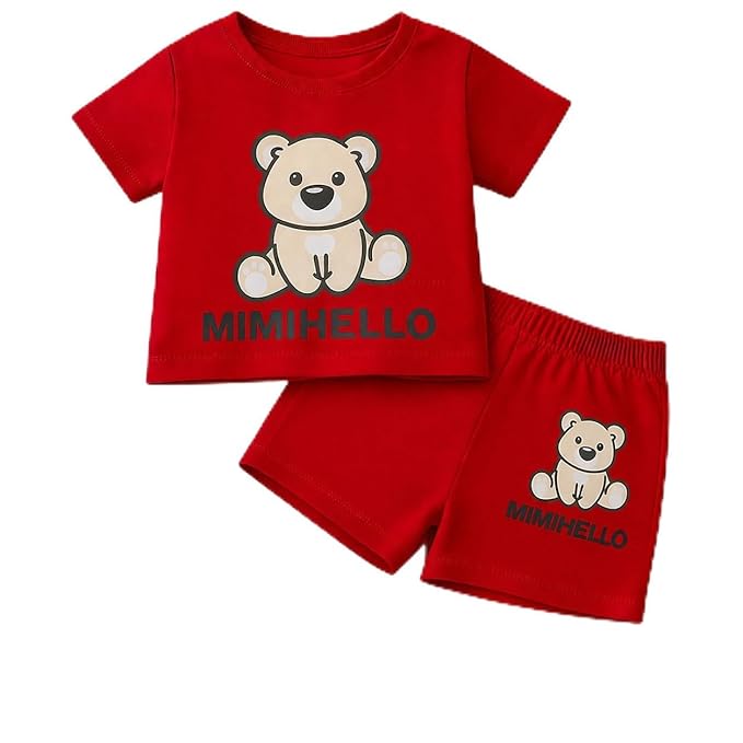 Kico Baby Kids Hosiery Cotton Clothing Set, Red, Bear Print, Short Sleeve T-Shirt and Shorts, 2 Months to 5 Years,Baby Soft Breathable Casual Outfit