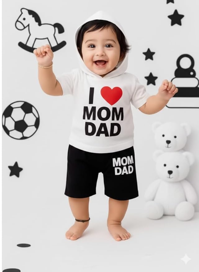 KiCO Kid I Love Mom Dad Printed Hooded T-Shirt and Shorts Set, White and Black, Hosiery Cotton, 2 Months to 5 Years, for Baby Boys and Girls