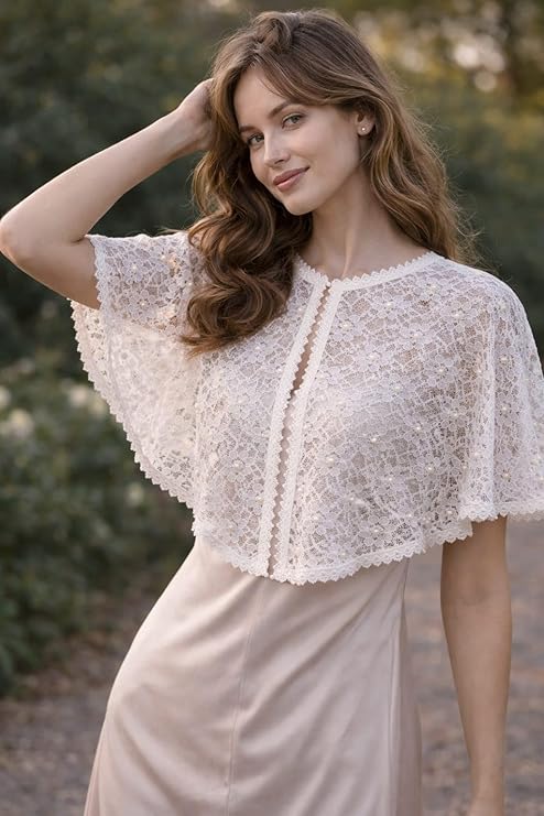 Women White Lace Poncho with Pearl Work | Front Open Net Cape | Party & Shrug