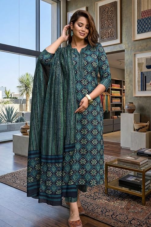 Women Printed Cotton Kurta Pant Set with Dupatta | Straight Kurta Set for Women | Ethnic Wear Suit Set | 3/4 Sleeve | Teal Green