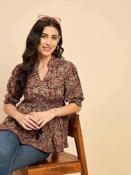 Multicolor Floral Peplum Top for Women – Cotton Blend V-Neck, Casual, Party & Office Wear