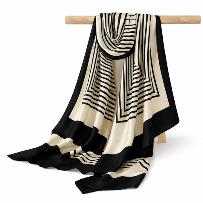 Women’s Polyester Striped Scarf – Soft Lightweight Long Stole | Elegant Black and White Striped Print Neck Wrap | Stylish Fashion Scarf for Women Casual Office Wear