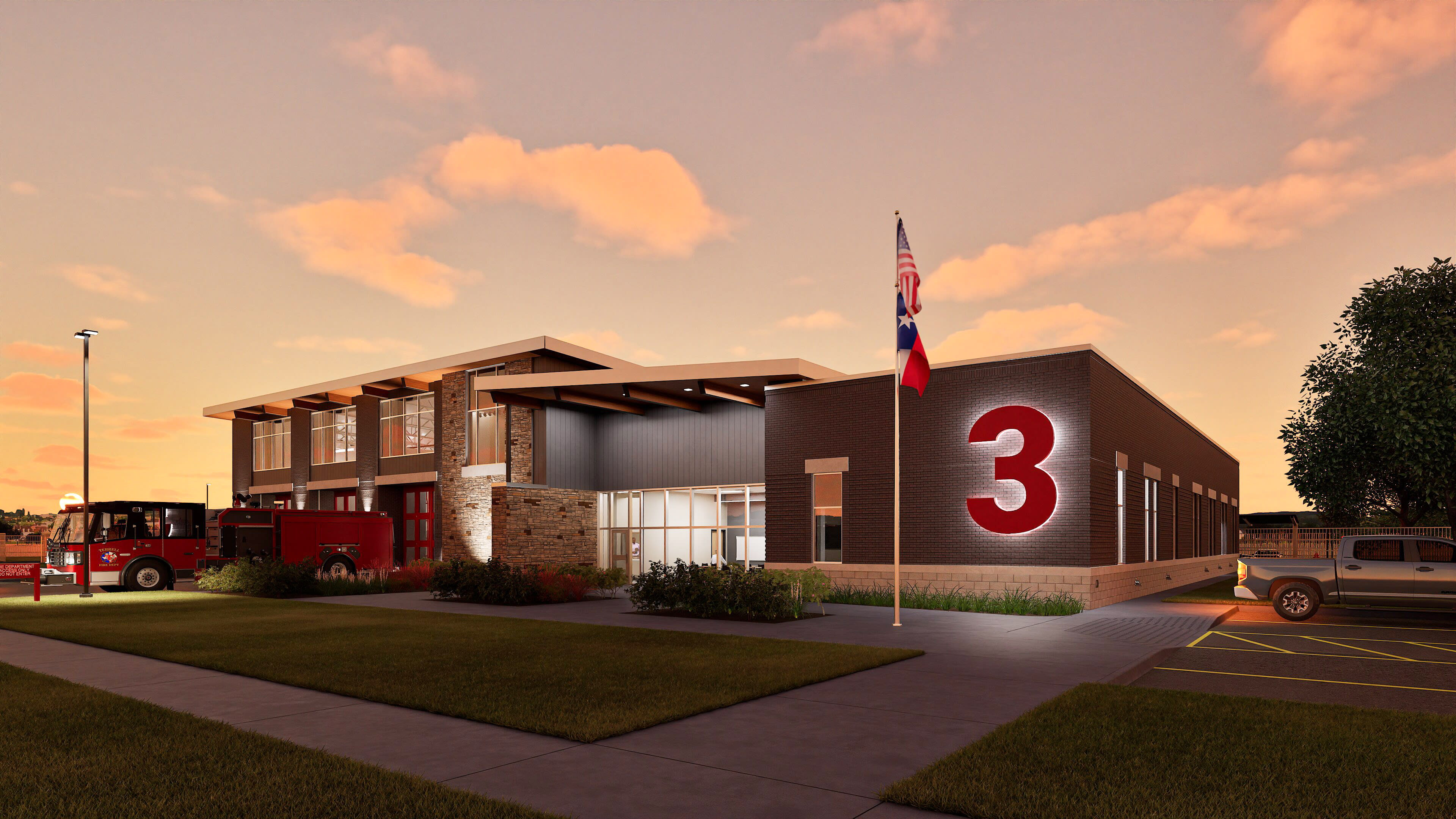 City of Terrell Fire Station No. 3 &mdash; exterior at sunset