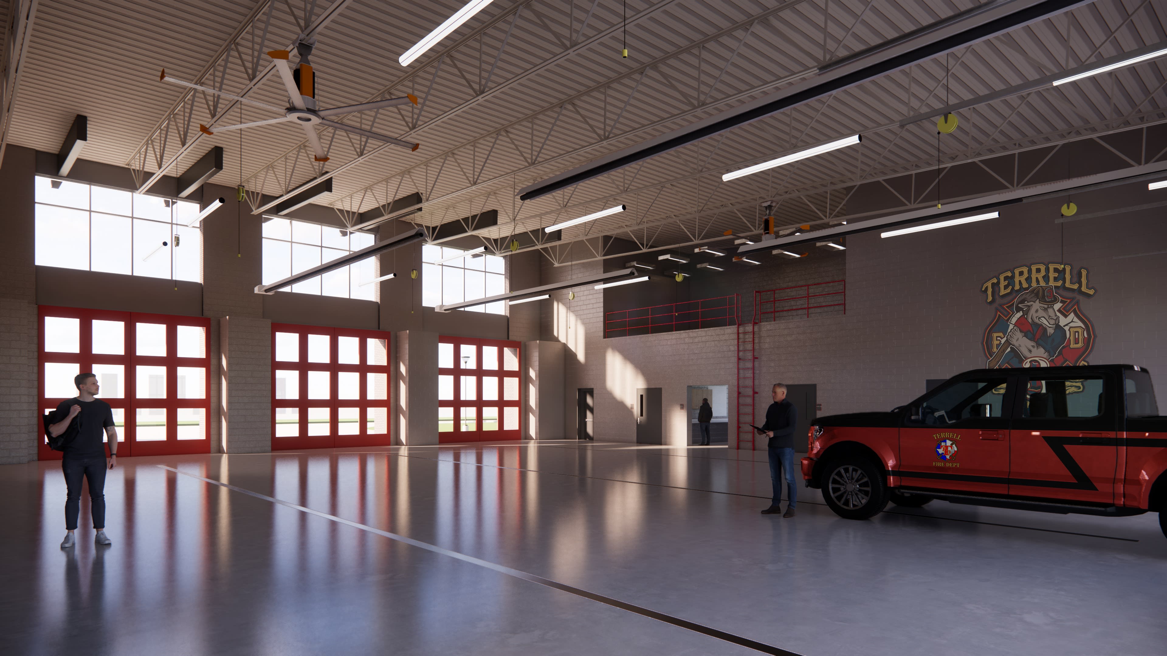 City of Terrell Fire Station &mdash; apparatus bay with overhead doors open