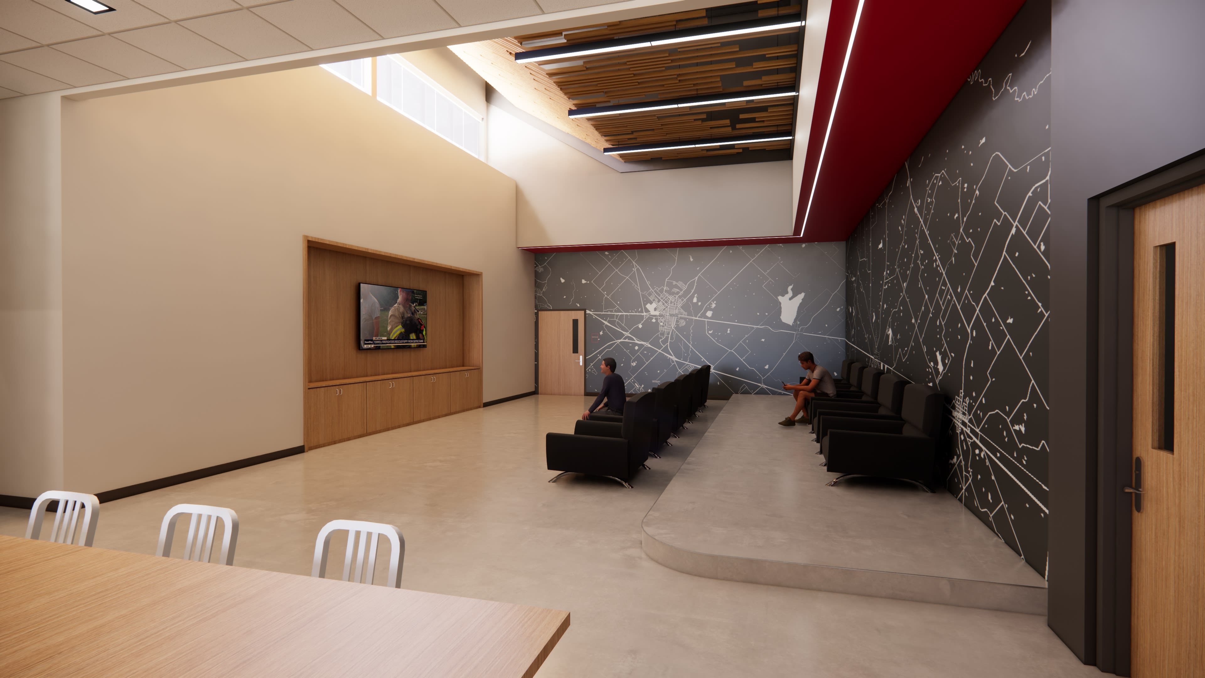 City of Terrell Fire Station &mdash; day room with TV wall and lounge seating