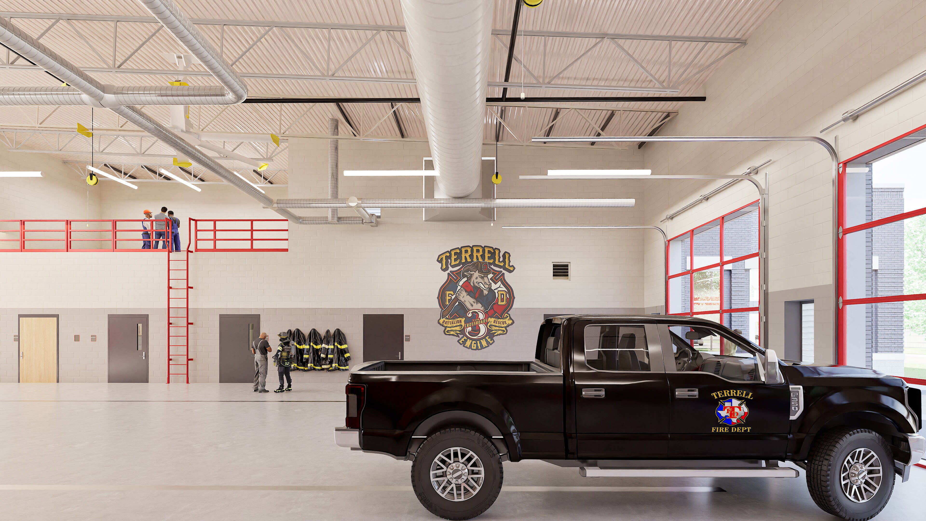 City of Terrell Fire Station &mdash; apparatus bay with station logo mural