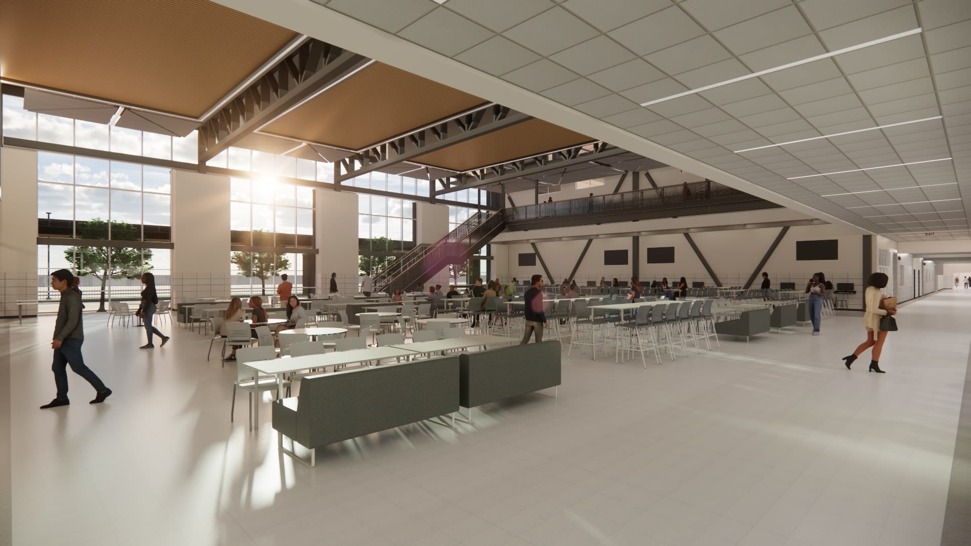 CIW cafeteria &mdash; double-height with steel trusses