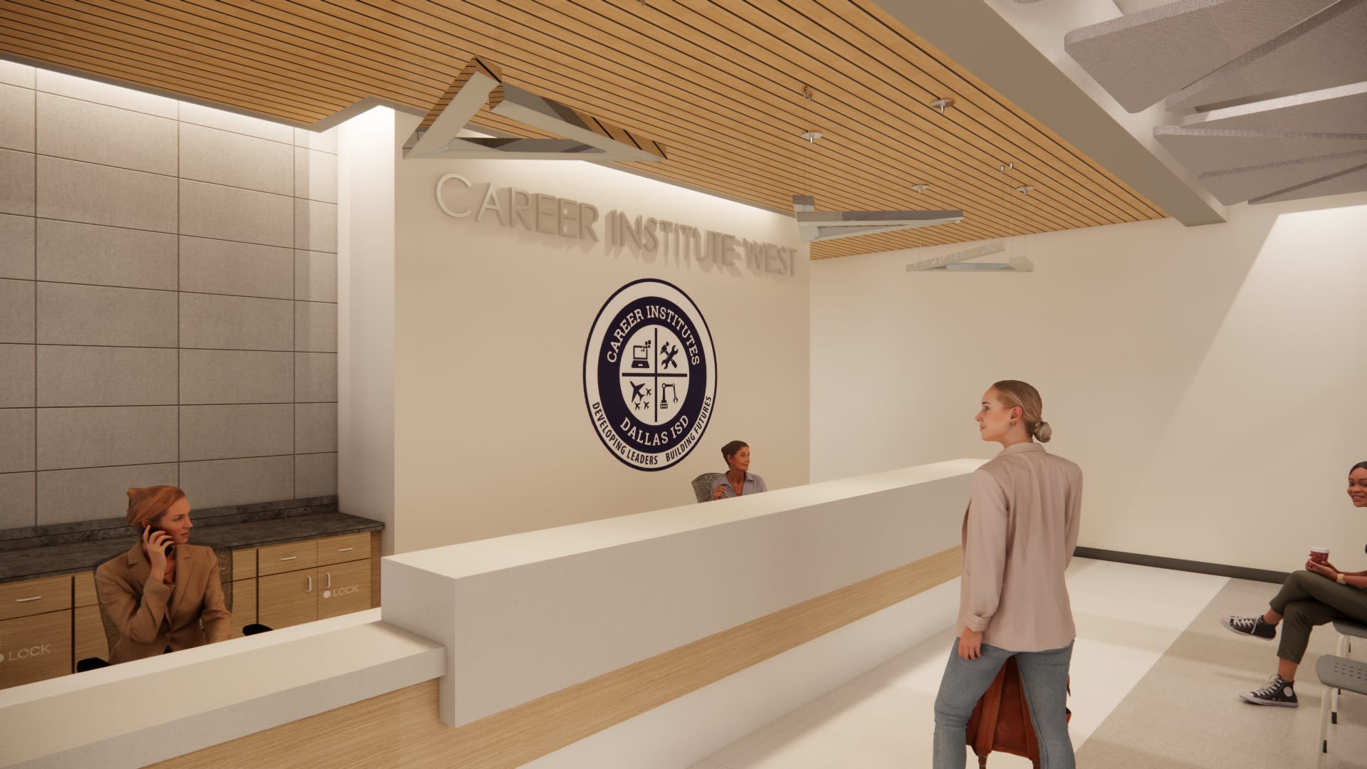 CIW reception &mdash; Career Institute West desk with Dallas ISD seal