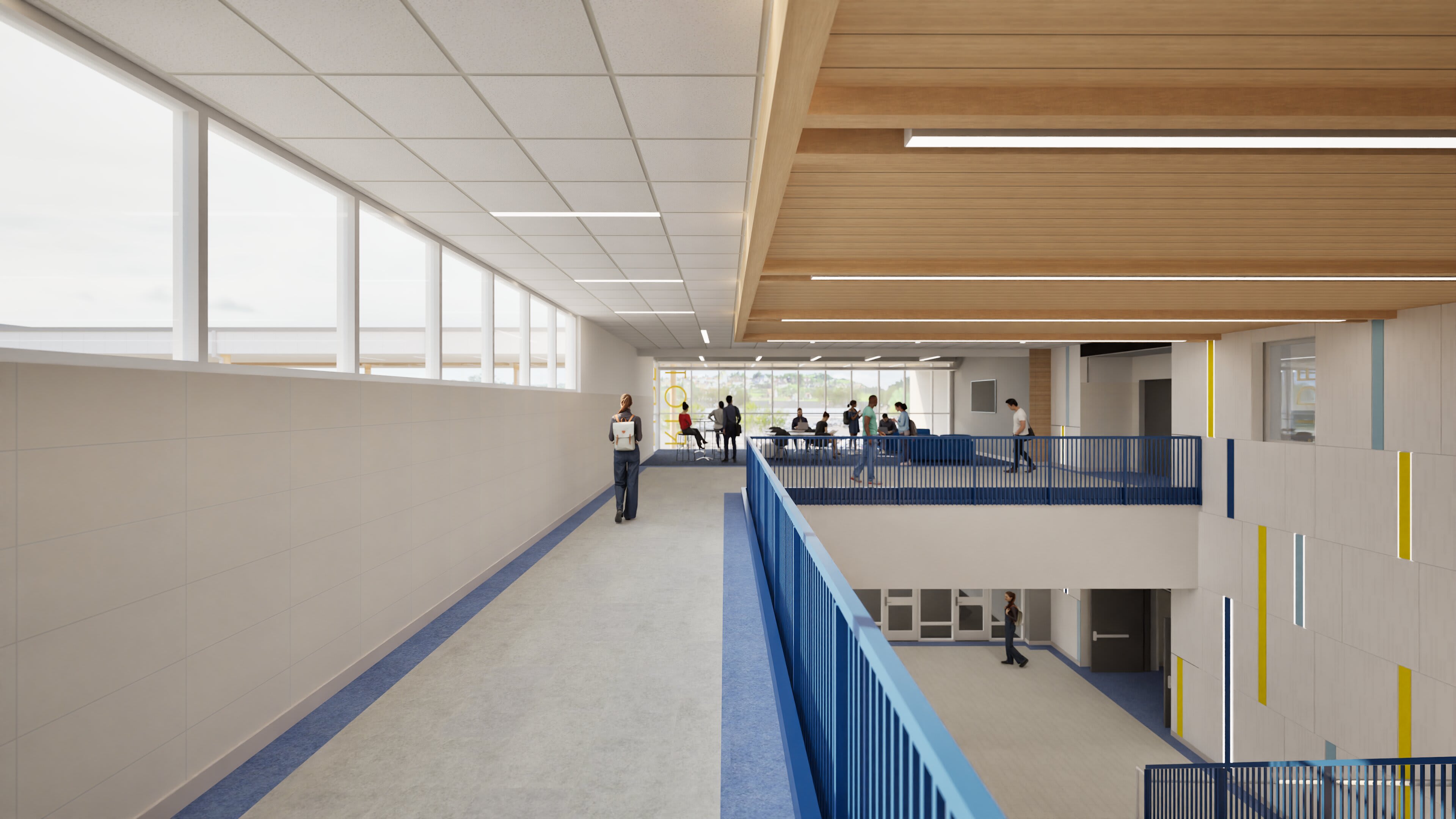 LCHS second floor corridor &mdash; students at collaboration rail