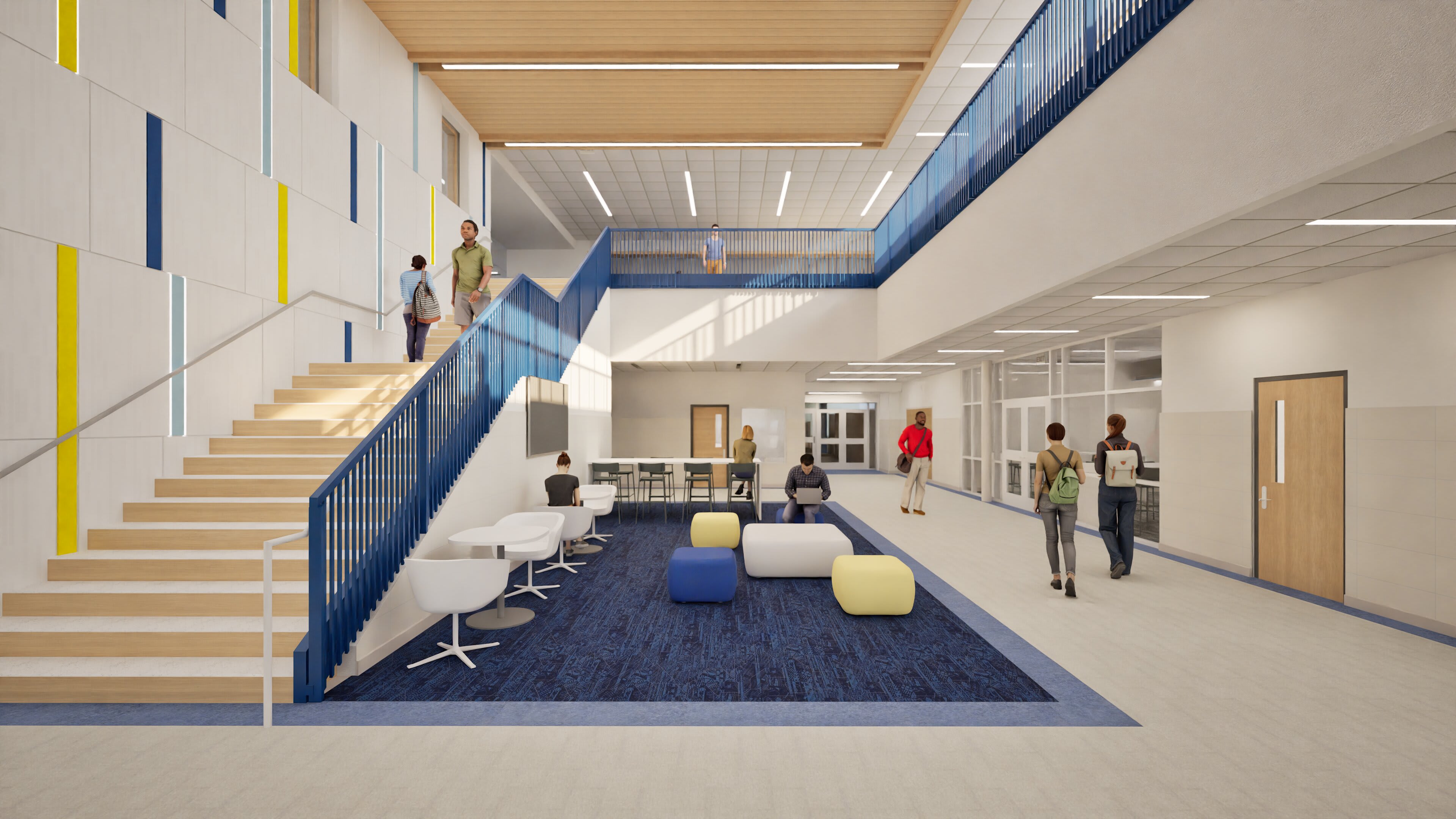 LCHS upper floor &mdash; blue railings overlooking main lobby