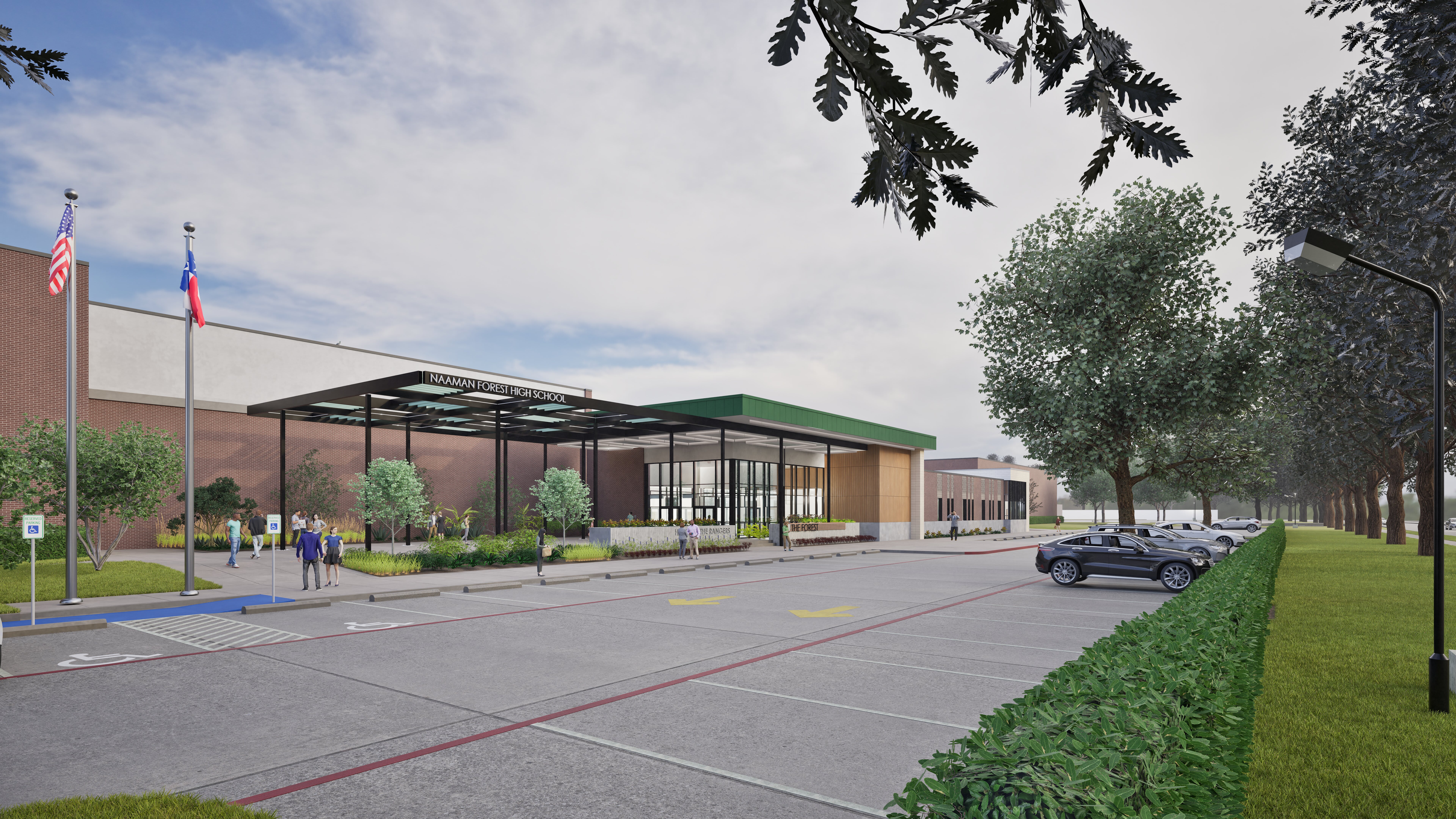Naaman Forest HS &mdash; parking lot approach, flags