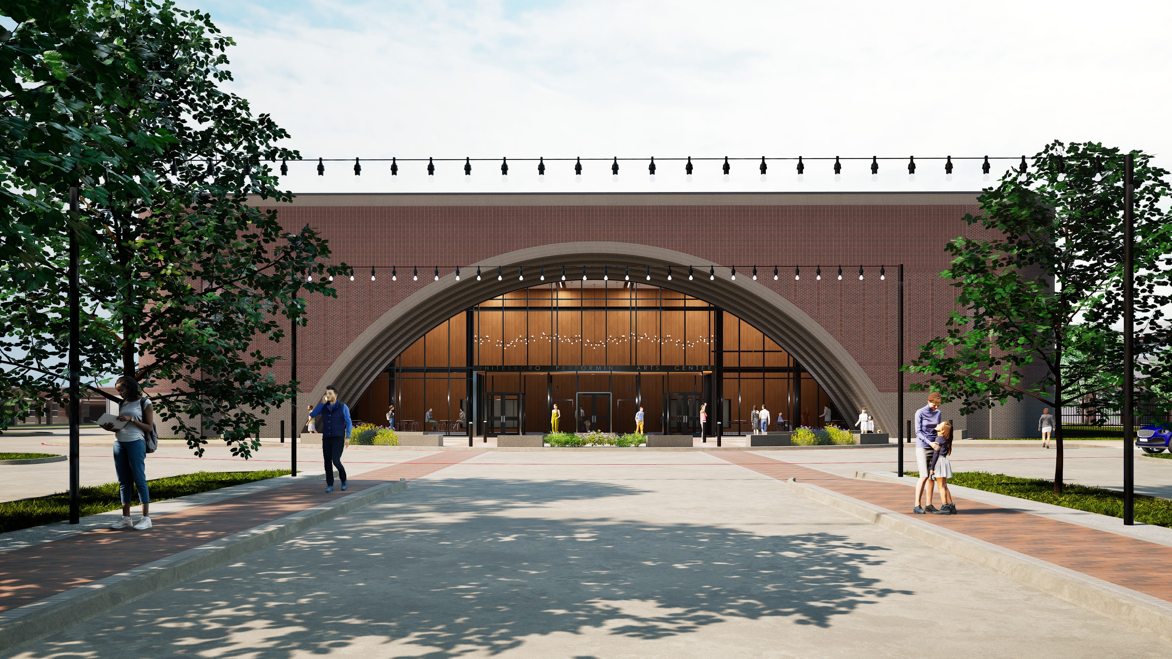 Whitesboro PAC &mdash; arched main entry with theatrical string lighting