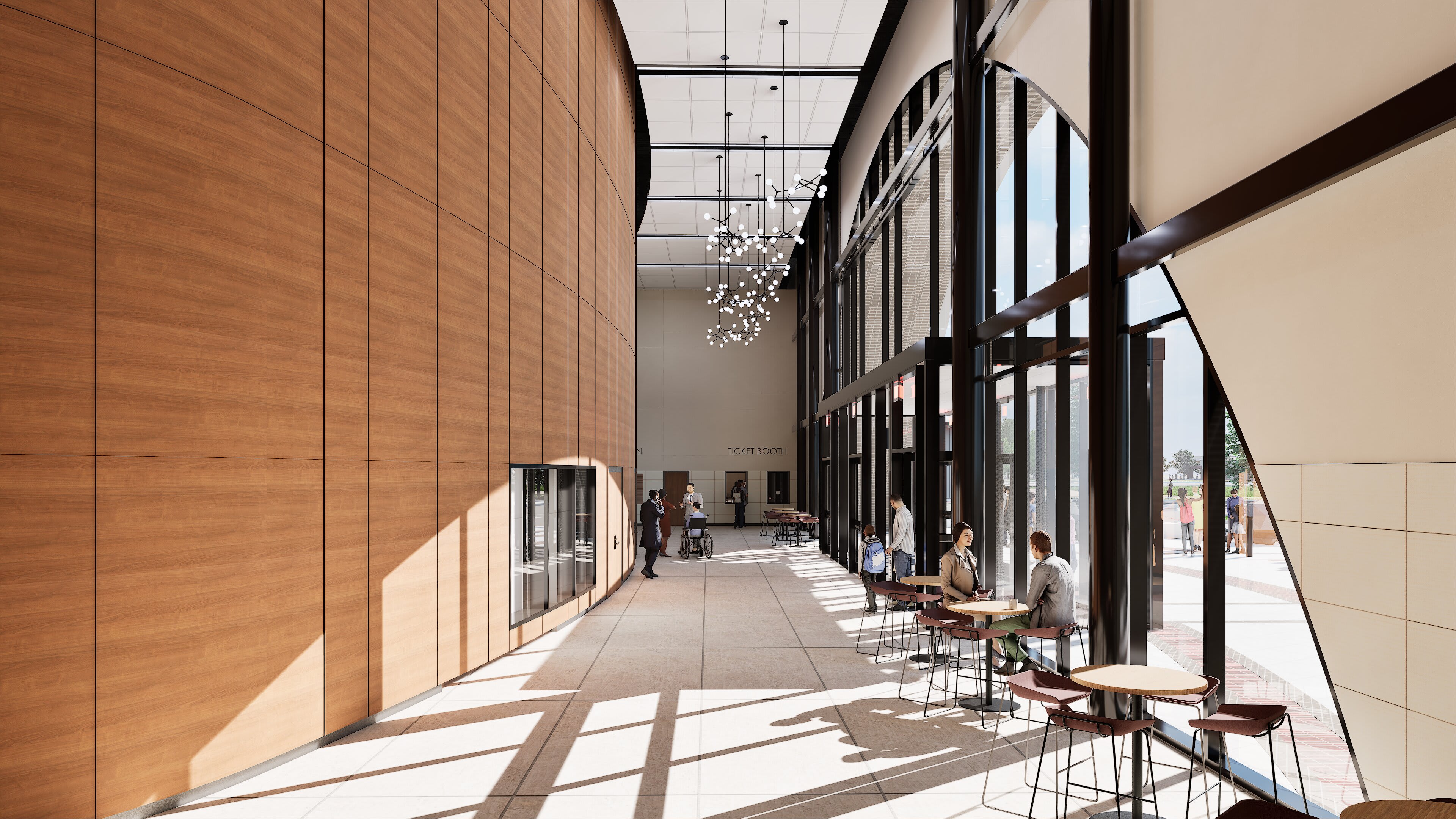 Whitesboro PAC &mdash; lobby concourse with tall windows and wood wall