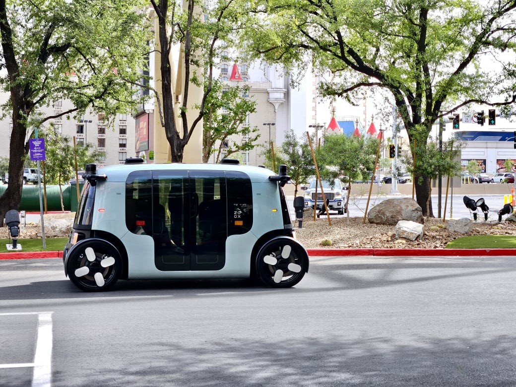 A Zoox robotaxi on the Las Vegas Strip.