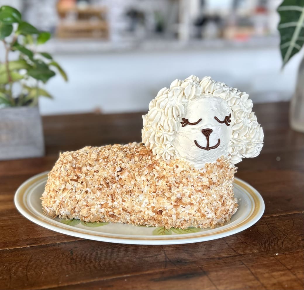 A cake shaped like a lamb.