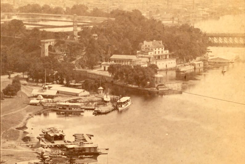 Archival photo of Boathouse Row and Fairmount Water Works along the Schuylkill River