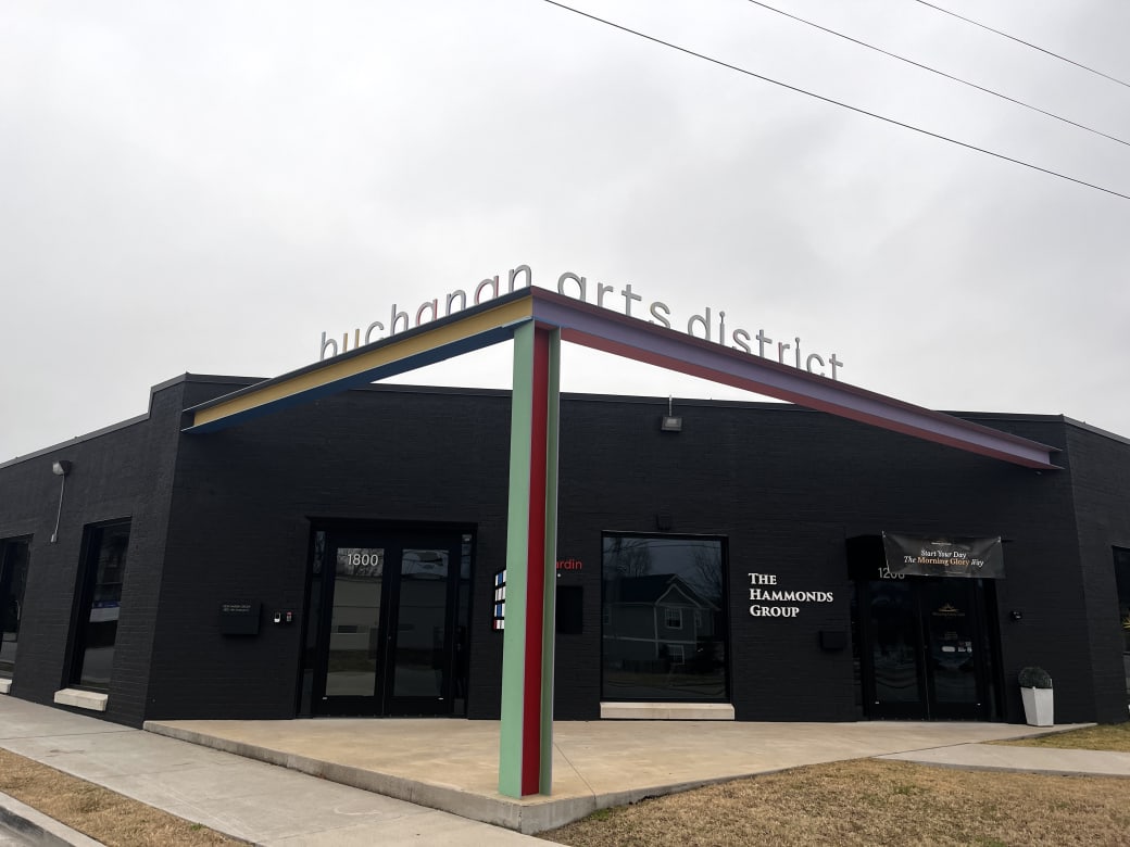 A black building with a prominent rainbow-colored "buchanan arts district" sign sits on a concrete corner. The grass is dead for winter and the sky is gray.