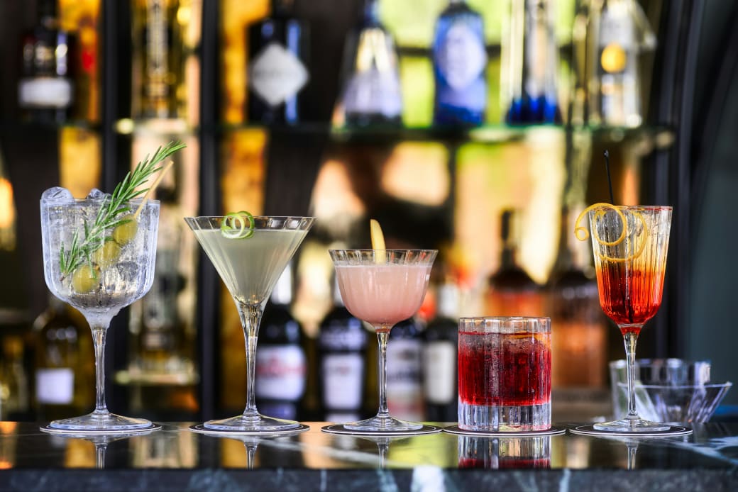 A selection of cocktails on a bar