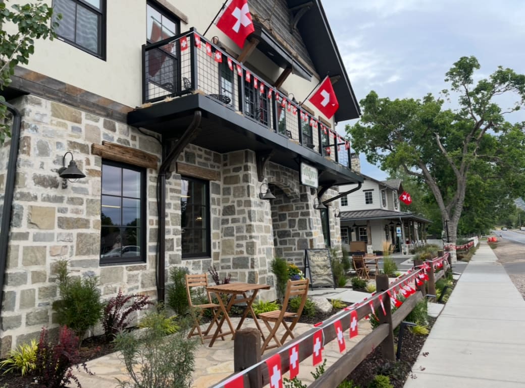 Swiss flags hanging in Midway.