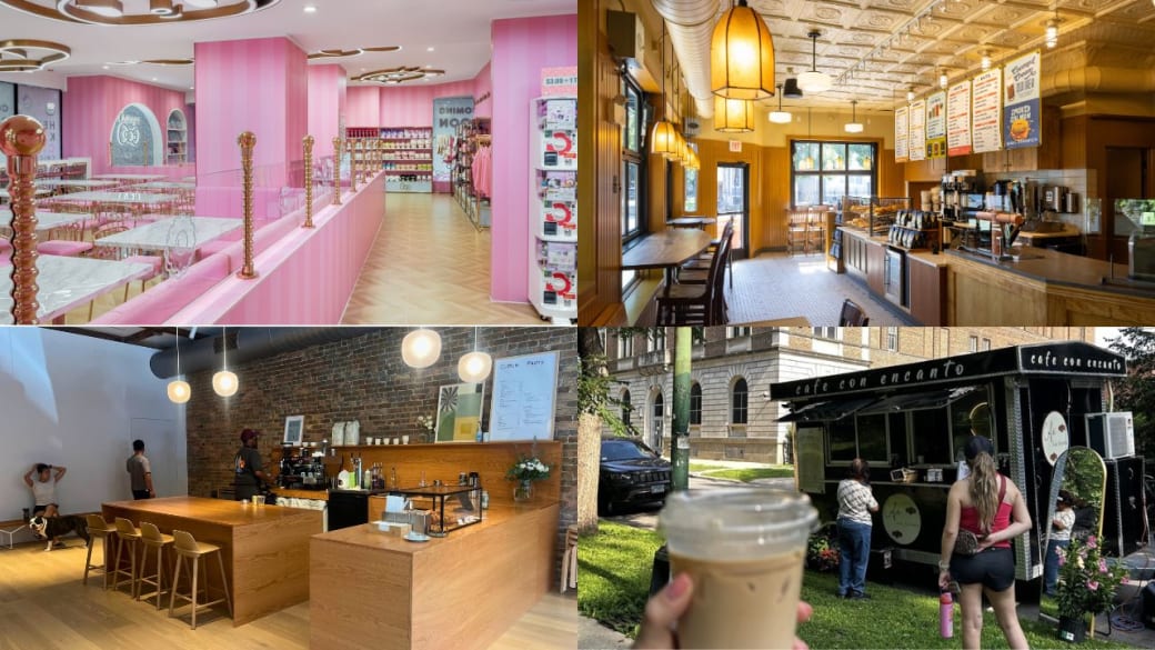 Four separate photos combined into one composite panel of photos. On the top left, there's an empty cafe where the walls are pink and the ceiling is white. On the top right there's an empty cafe with hanging lights and wood paneling. On the bottom left, there's a cafe with people standing in line behind a wood booth. On the bottom right, there's a pop-up cafe with people standing outside and someone behind the camera holding a coffee